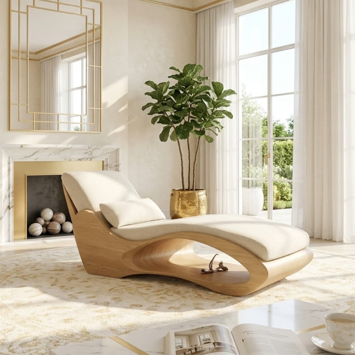 Modern Sculptural Chaise Lounge Chair, Curved Luxury Minimalist Accent Furniture
