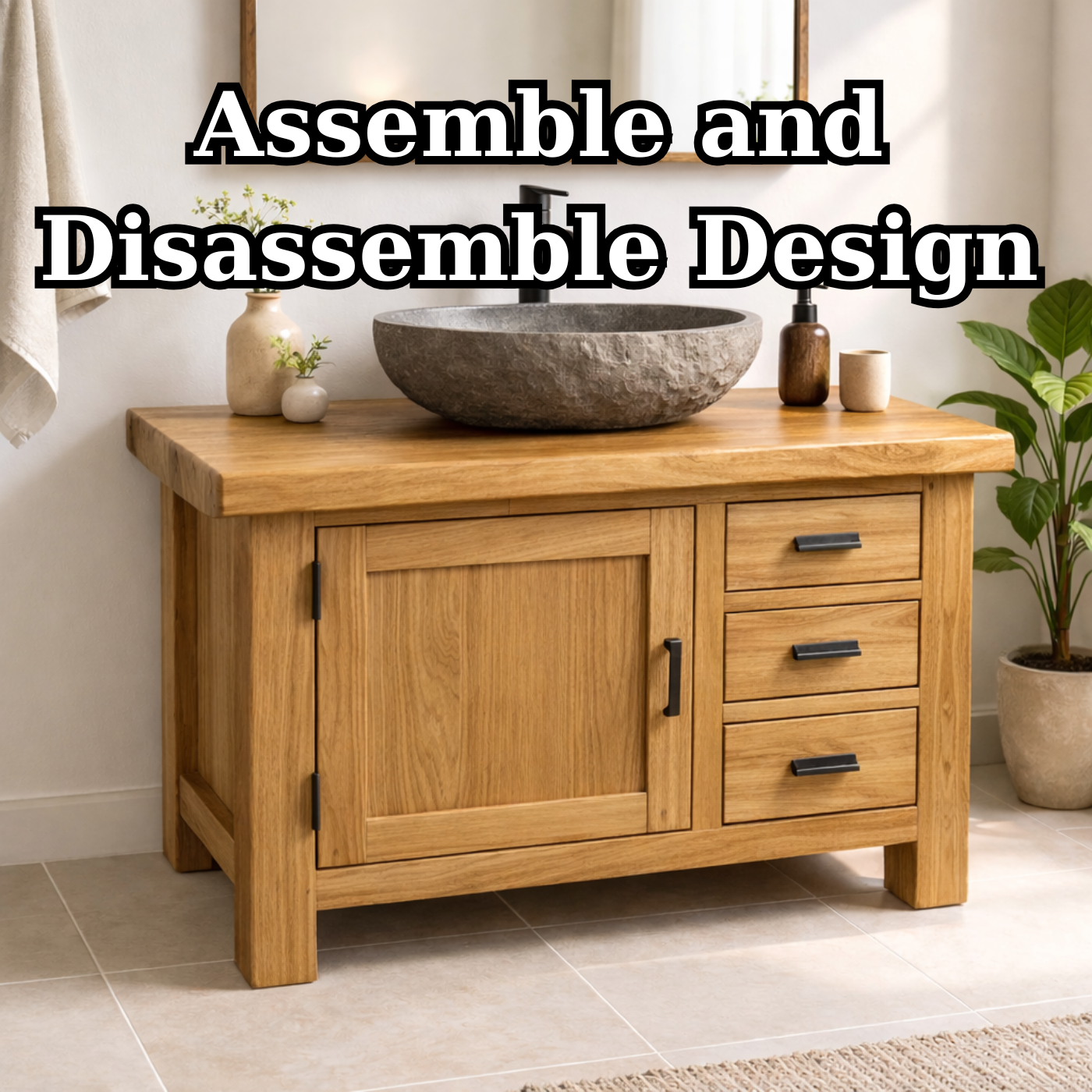 Natural Solid Wood Bathroom Vanity with Single Door and Three Drawers