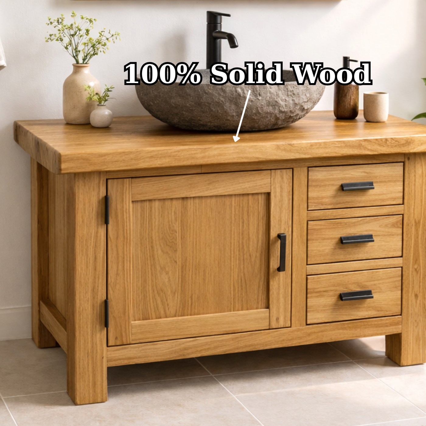 Natural Solid Wood Bathroom Vanity with Single Door and Three Drawers
