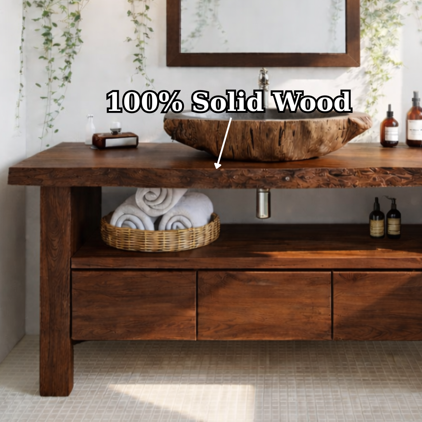 Live Edge Solid Wood Bathroom Vanity with Drawers and Open Shelf – Rustic Natural Wood Bathroom Vanity