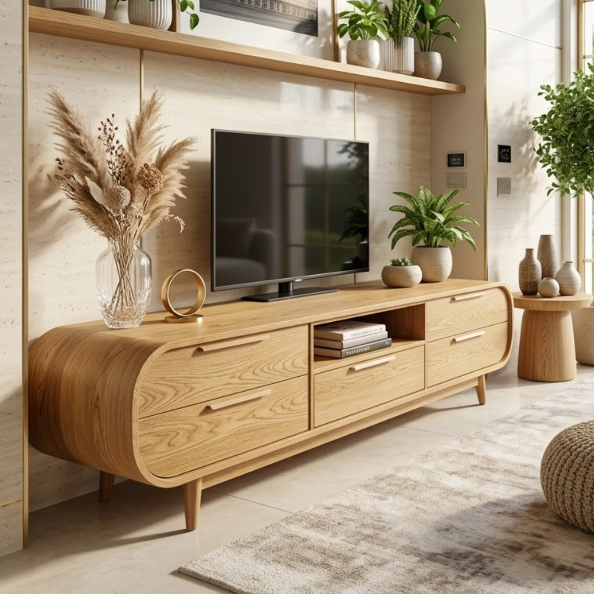 Modern Curved TV Stand, Minimalist Media Console, Storage Cabinet