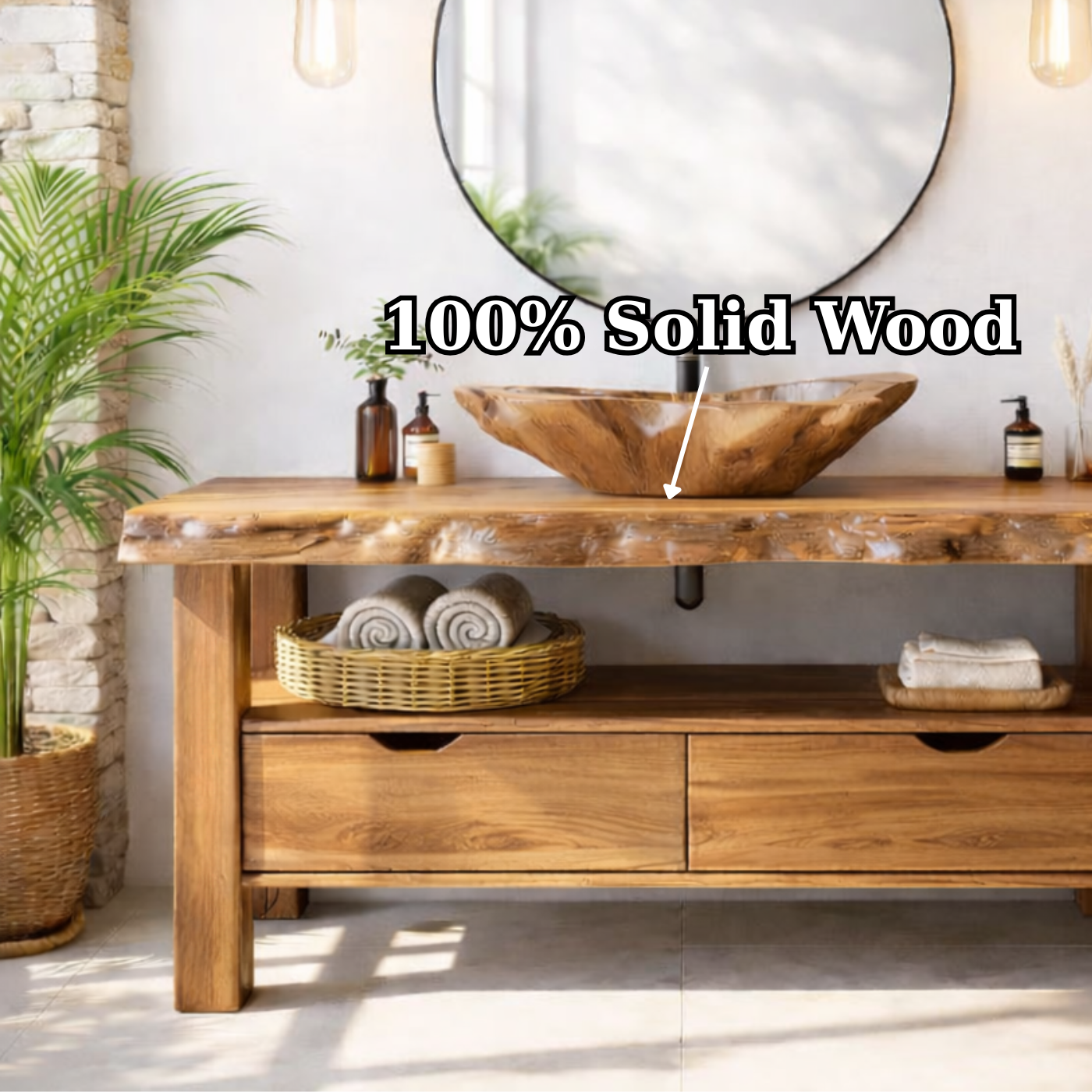 Solid Wood Bathroom Vanity with Live Edge Countertop and Open Shelf – Rustic Modern Bathroom Cabinet
