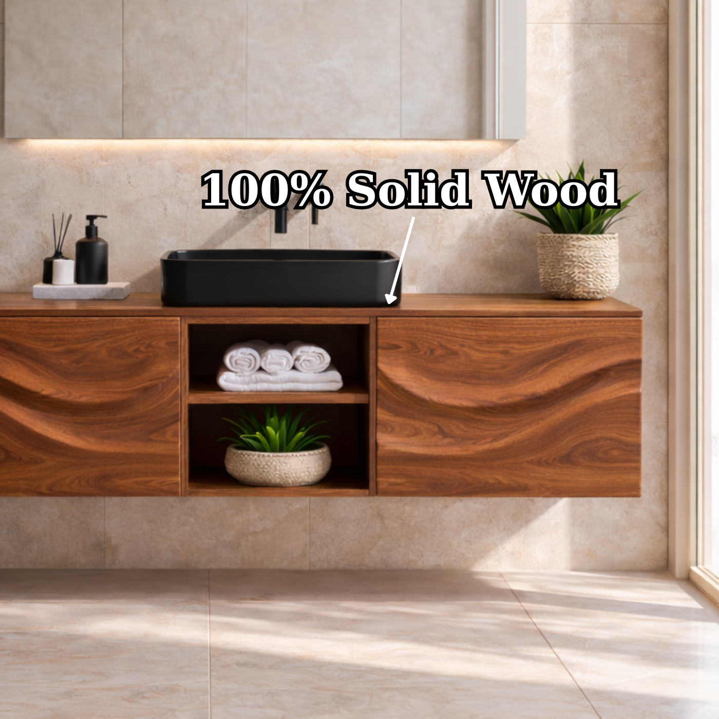 Floating Walnut Bathroom Vanity, Wall Mounted Wood Vanity Cabinet with Open Shelf