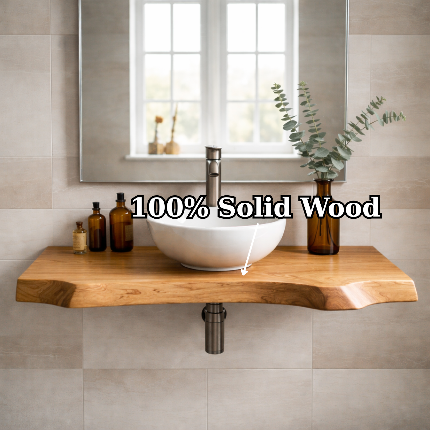 Floating Live Edge Solid Wood Bathroom Vanity – Wall Mounted Natural Wood Slab Vanity