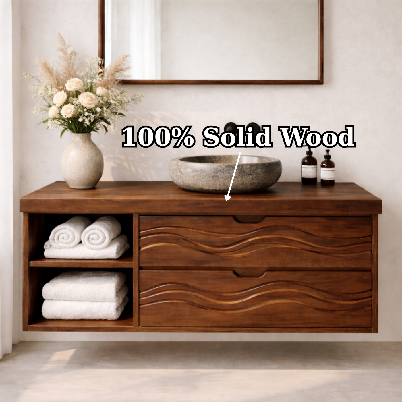 Floating Solid Wood Bathroom Vanity with Wave Drawer Front, Wall Mounted Wood Vanity with Open Shelf