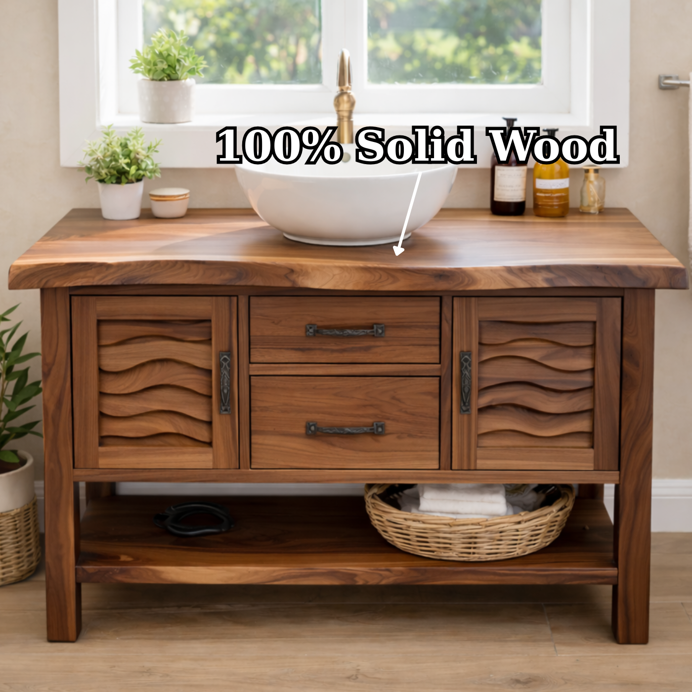 Solid Wood Bathroom Vanity with Sculpted Wave Doors and Open Shelf