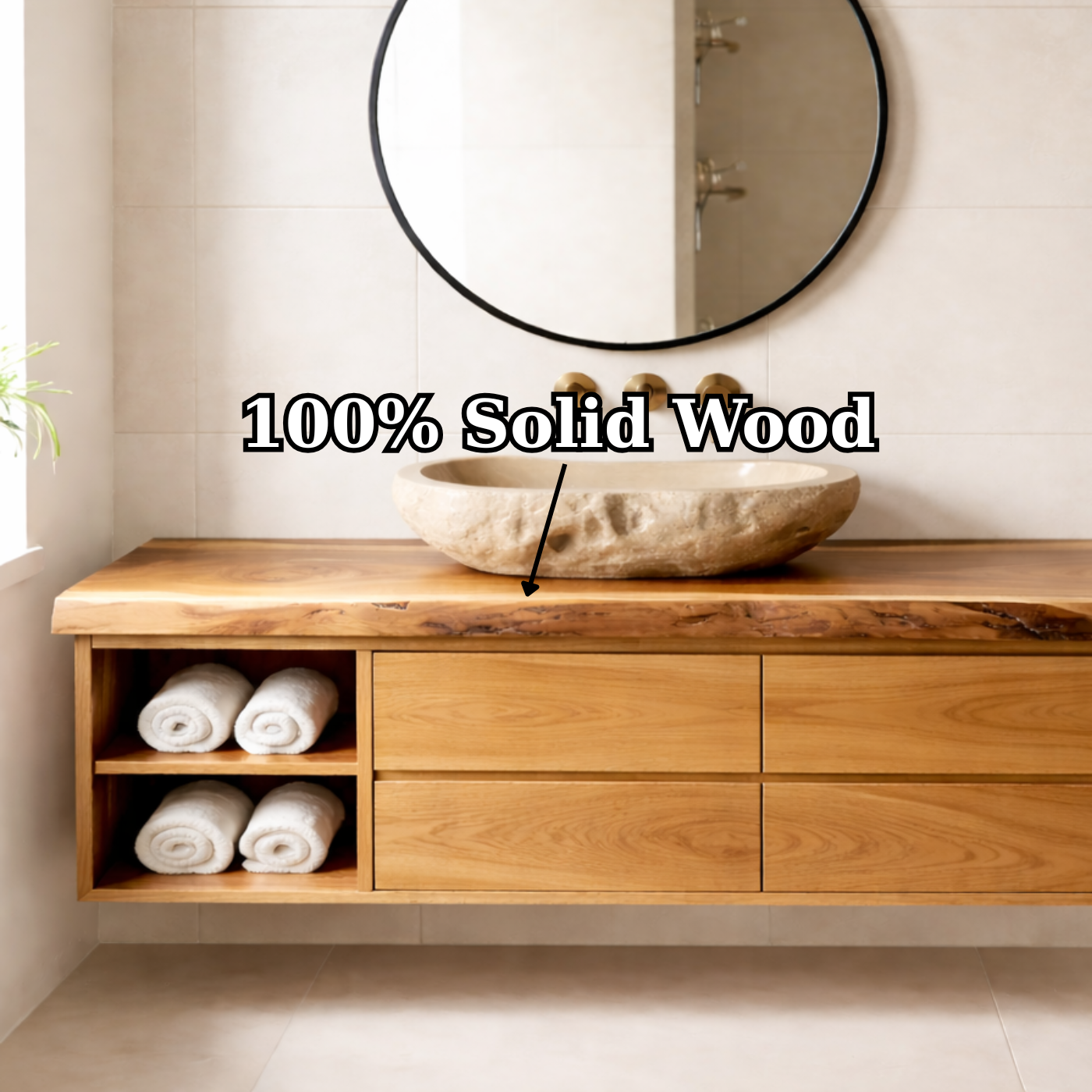 Floating Solid Wood Bathroom Vanity with Live Edge Countertop, Drawers and Open Storage