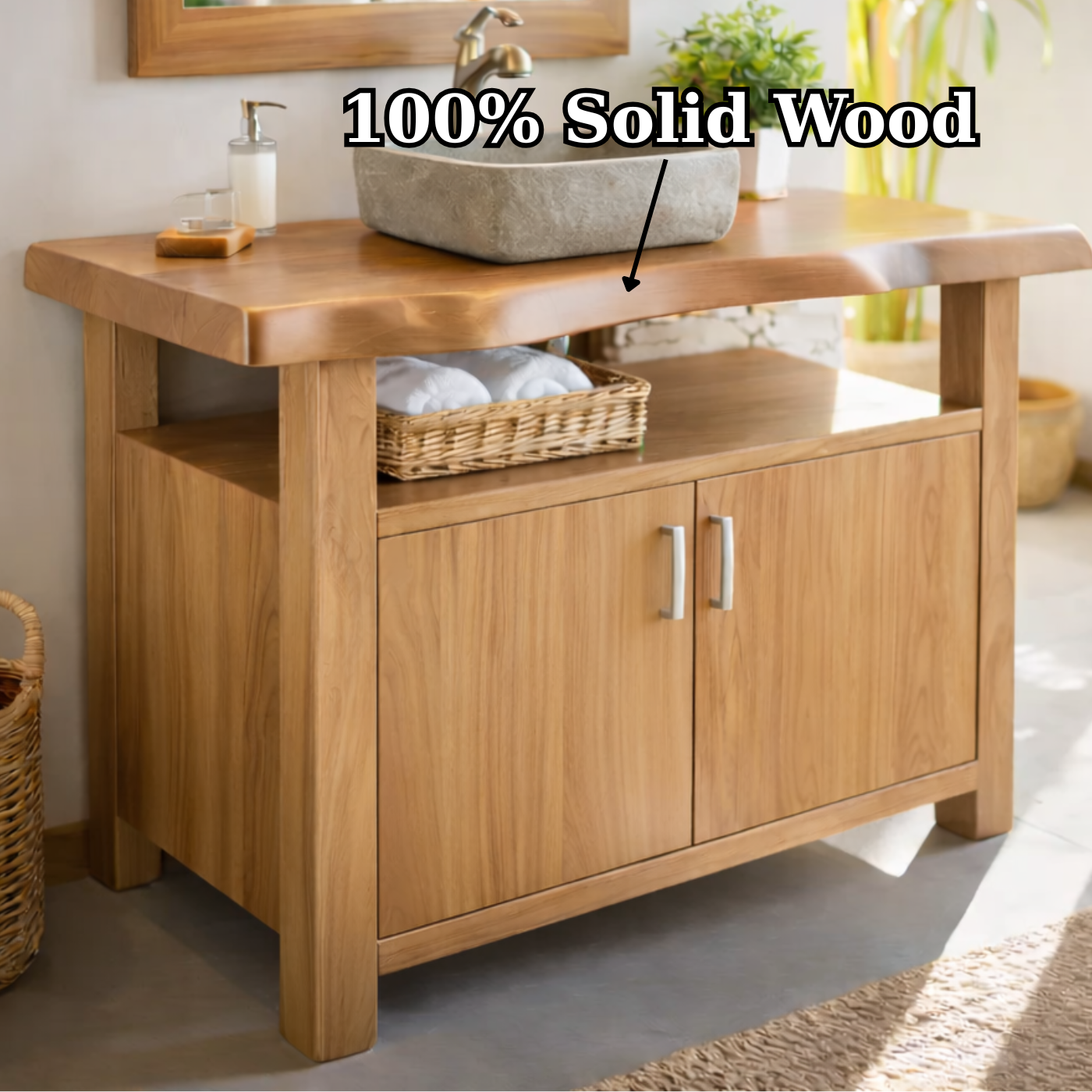 Solid Wood Bathroom Vanity Cabinet with Open Shelf Storage