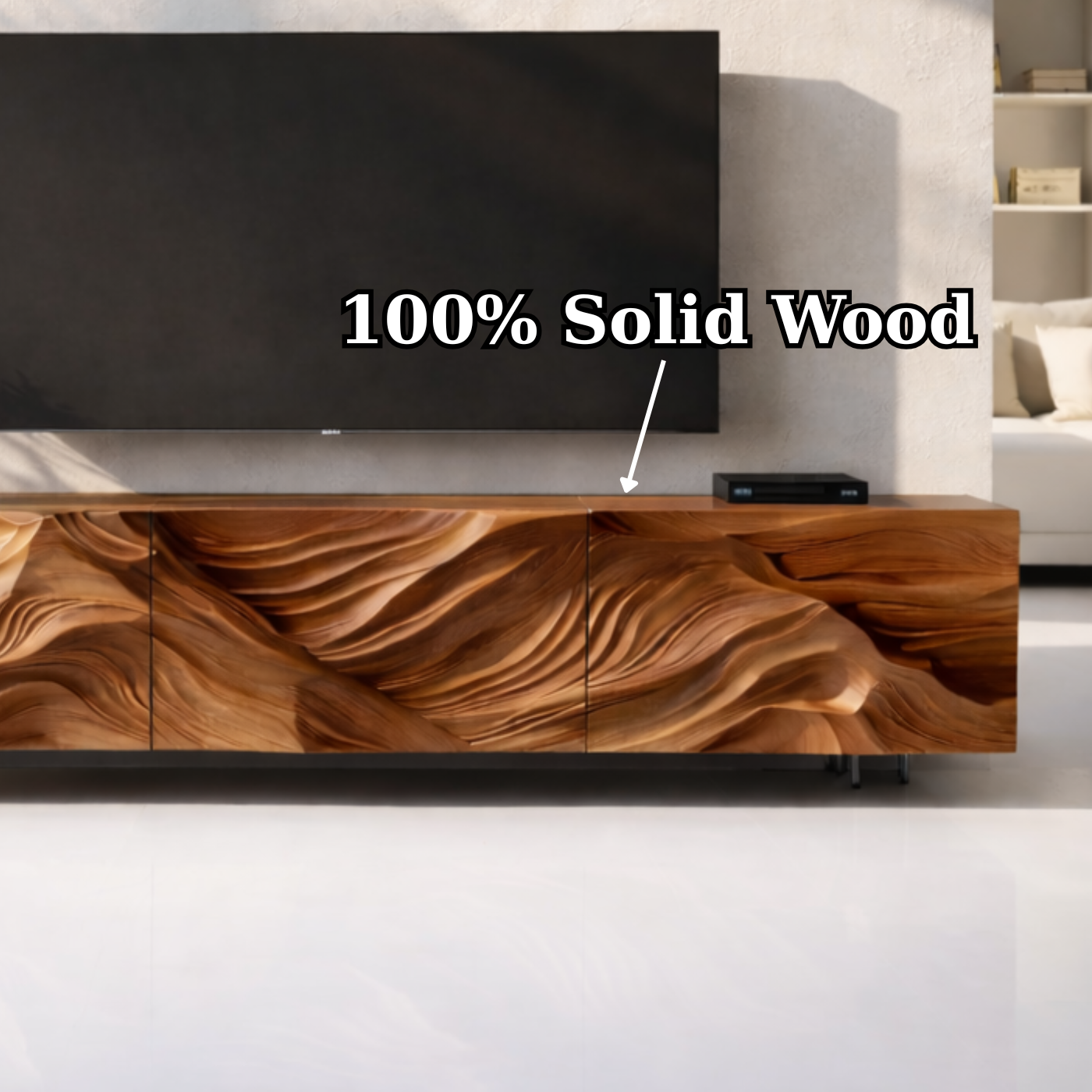 Modern Solid Wood TV Stand with Artistic Carved Front – Walnut Media Console Cabinet