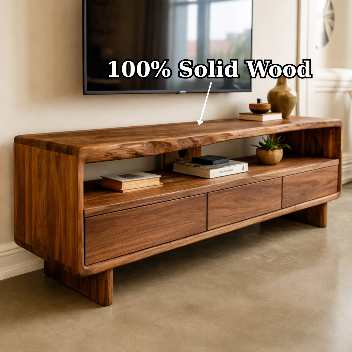 Mid Century Modern Solid Wood TV Stand – Walnut Media Console with Storage Drawers