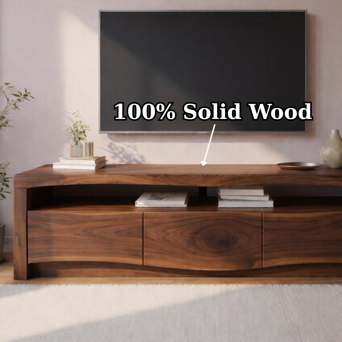 Modern Solid Wood TV Stand with Live Edge Top – Walnut Media Console Cabinet