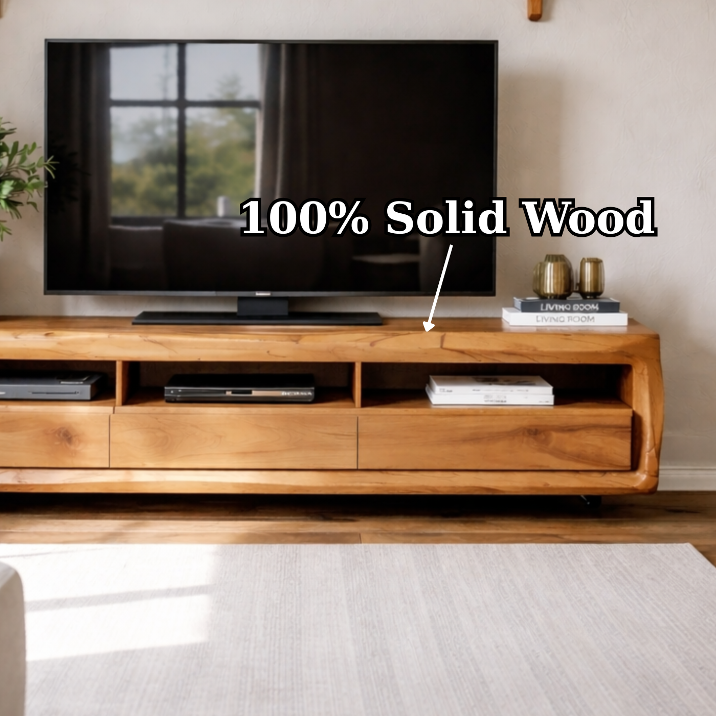 Solid Wood TV Stand with Drawers and Open Shelf – Rustic Modern Wooden Media Console