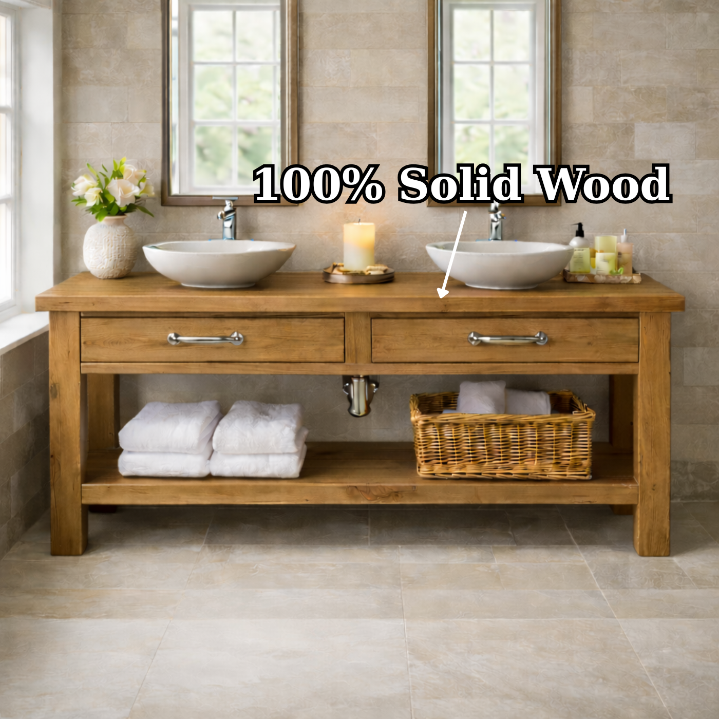 Solid Wood Double Bathroom Vanity with Drawers and Open Shelf Storage