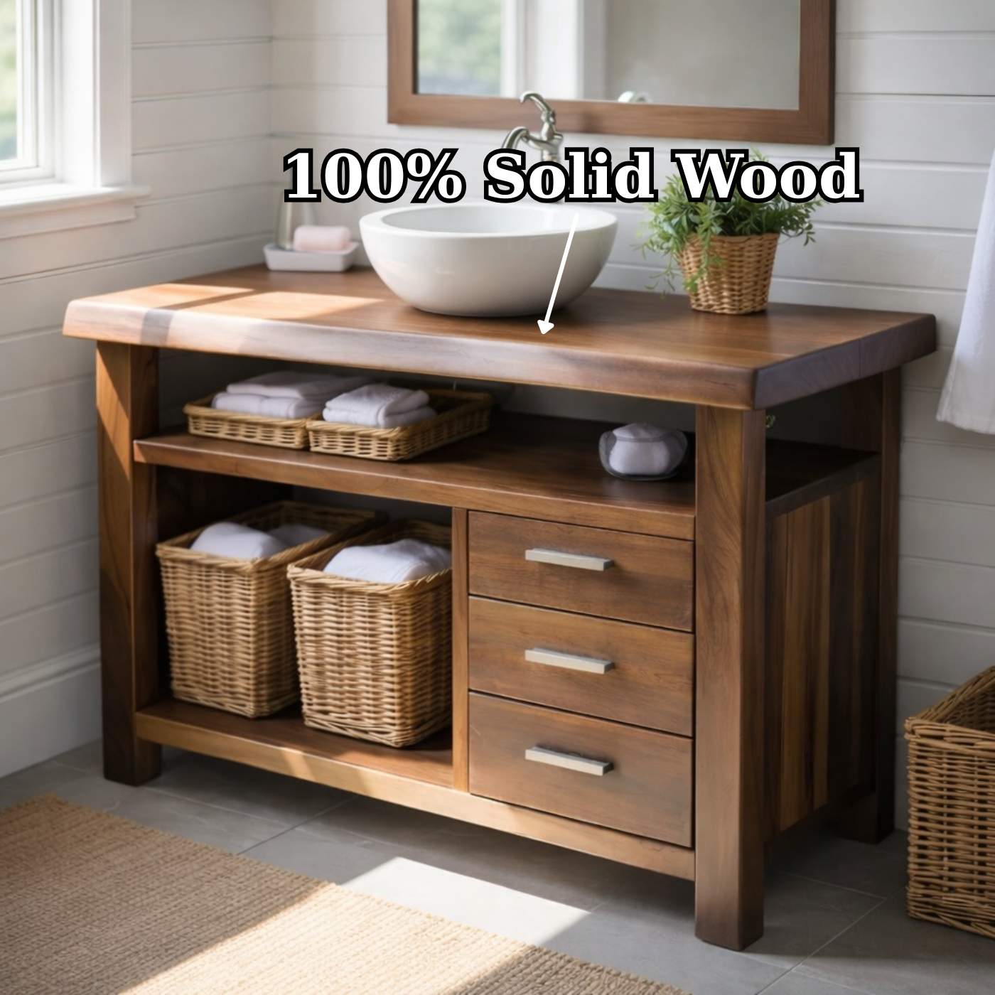 Handcraft Solid Wood Bathroom Vanity with Drawers and Open Shelf Storage