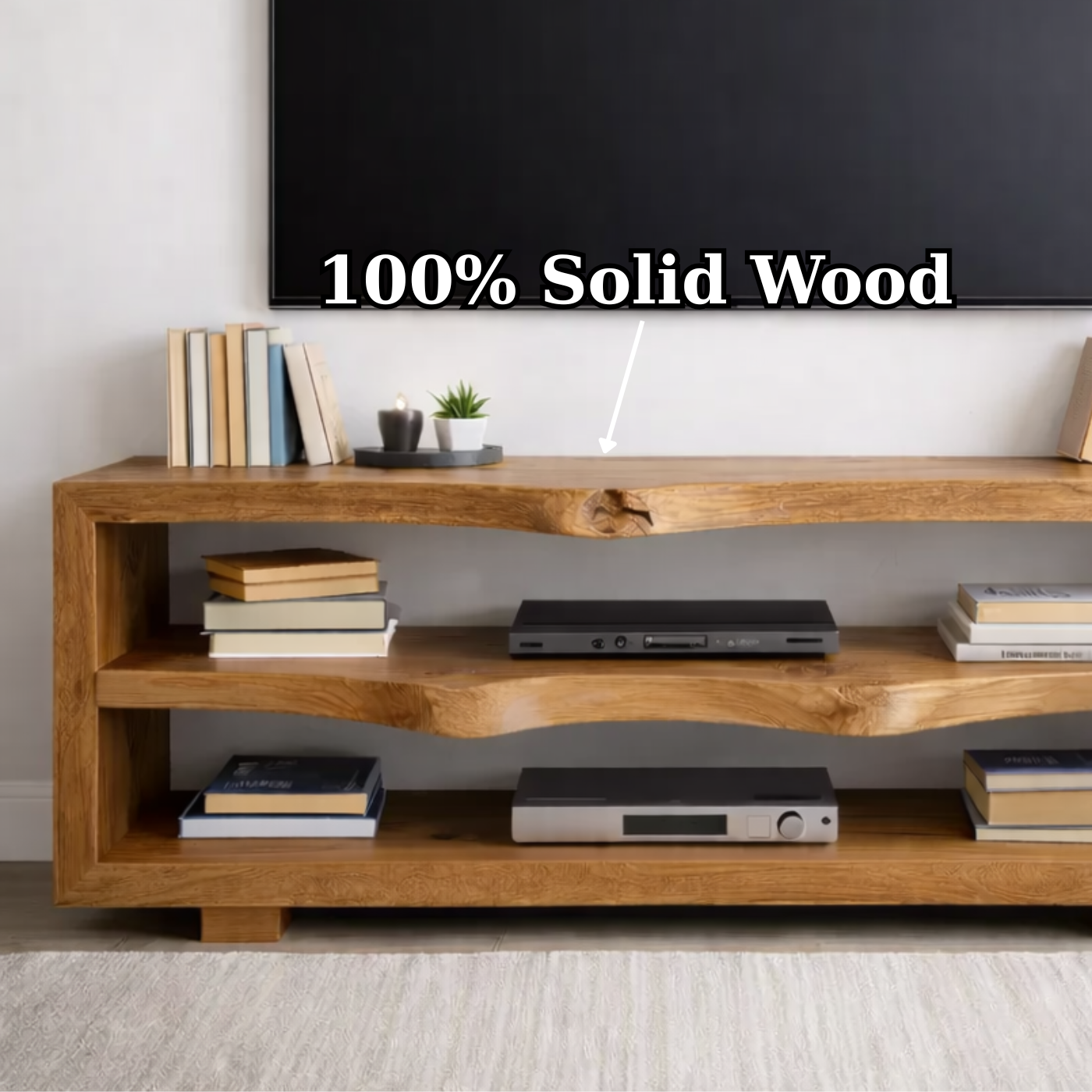 Rustic Solid Wood TV Stand with Open Shelves for Modern Living Rooms
