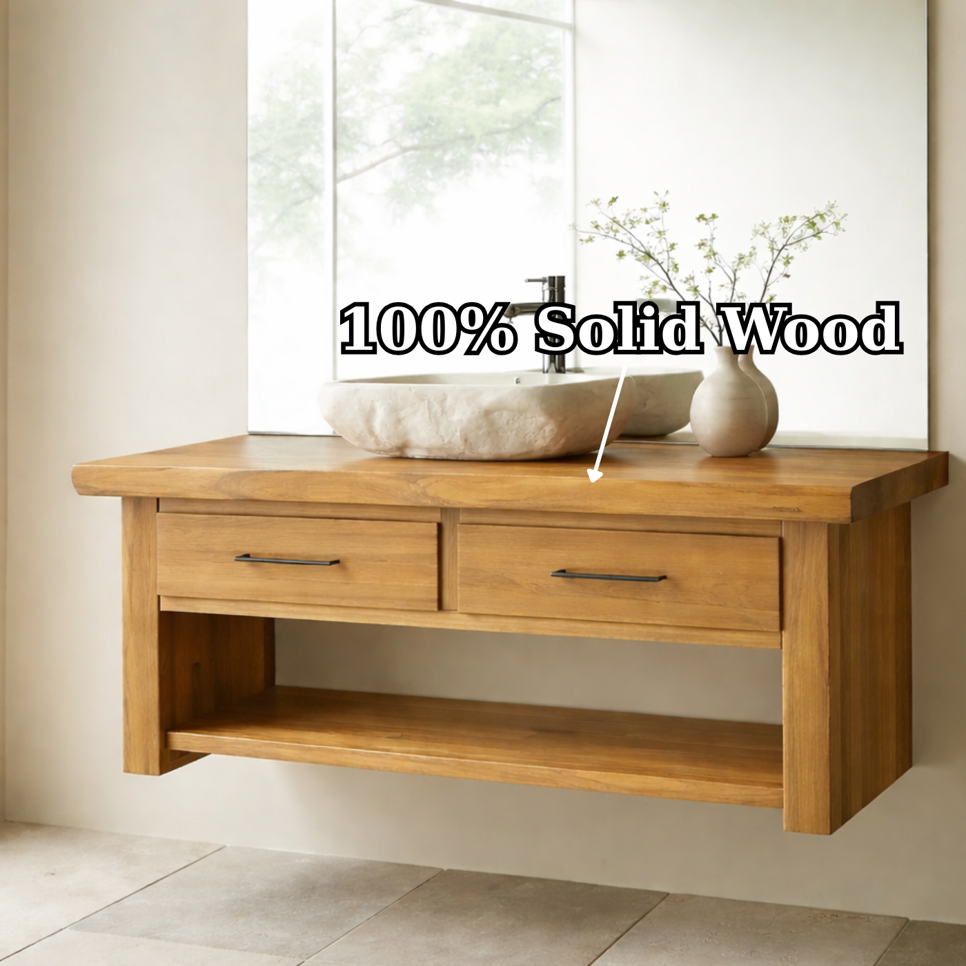 Floating Solid Wood Bathroom Vanity with Storage Shelf