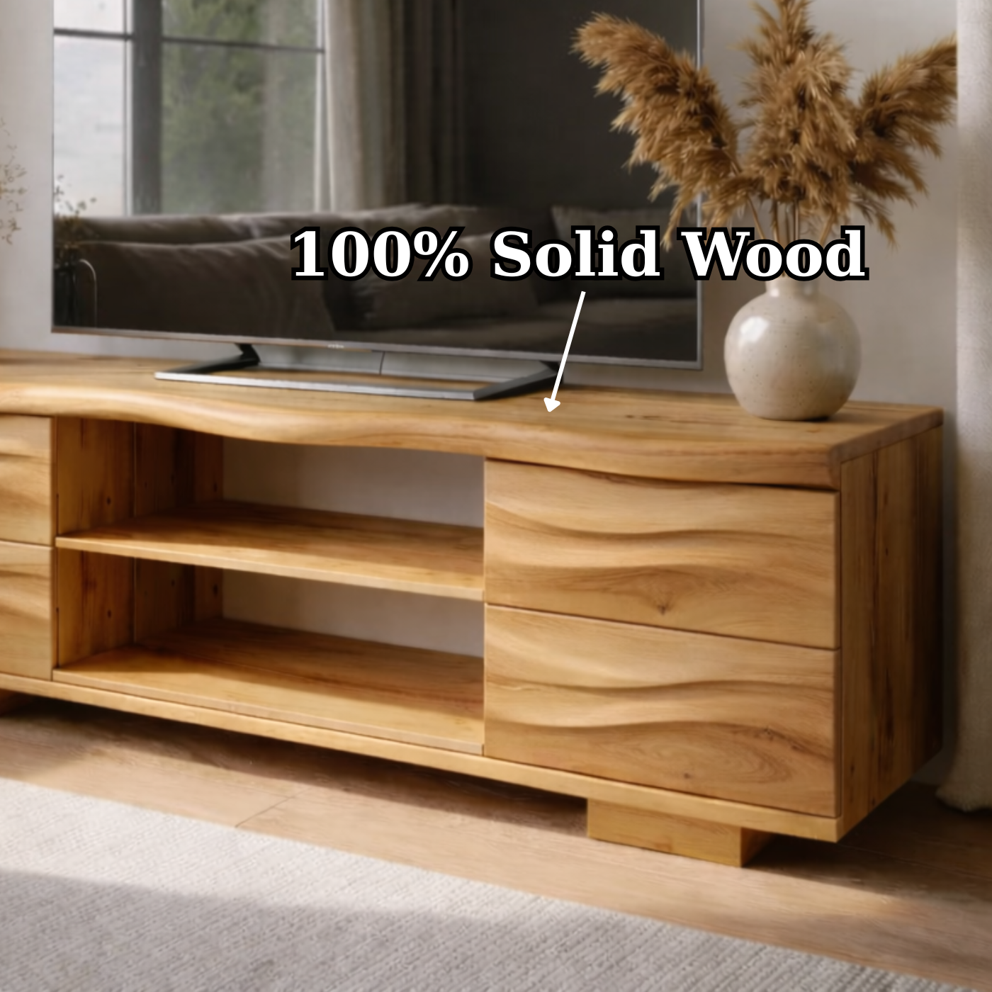 Solid Wood TV Stand with Drawers and Open Shelves for Natural Style Interiors