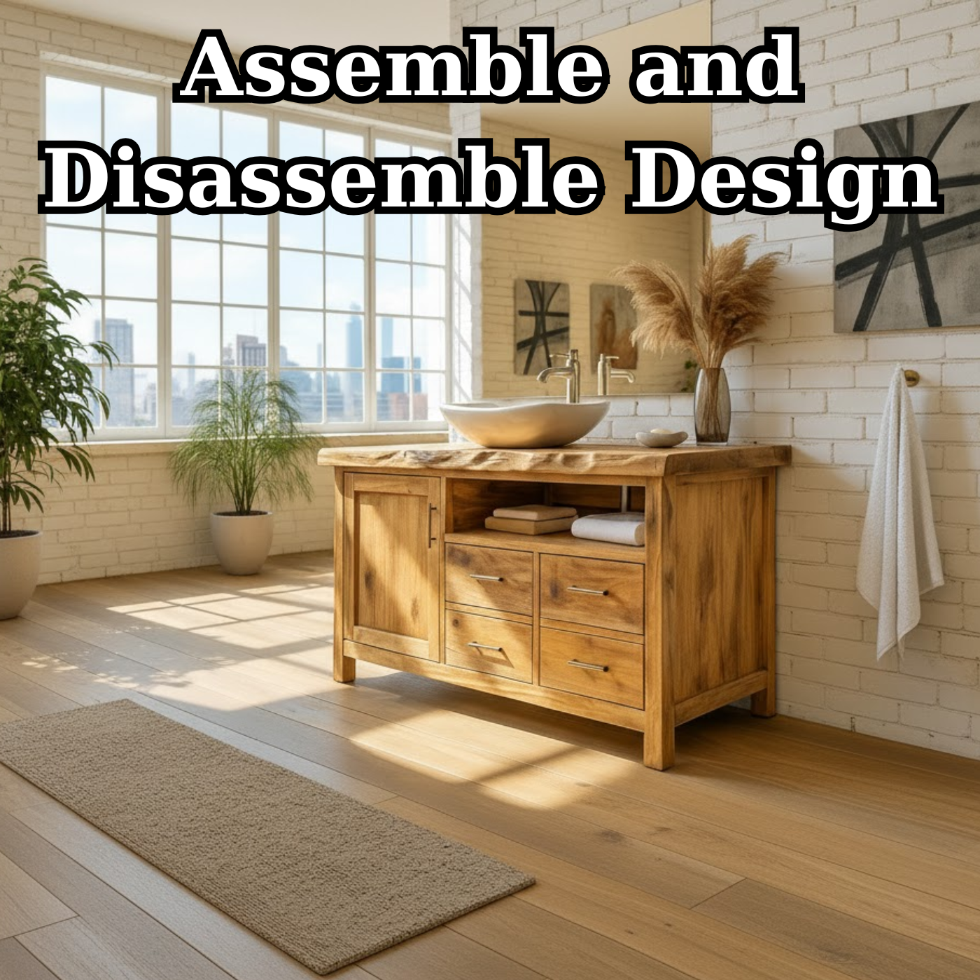 Solid Wood Live Edge Bathroom Vanity with 4 Drawers and Cabinet Door