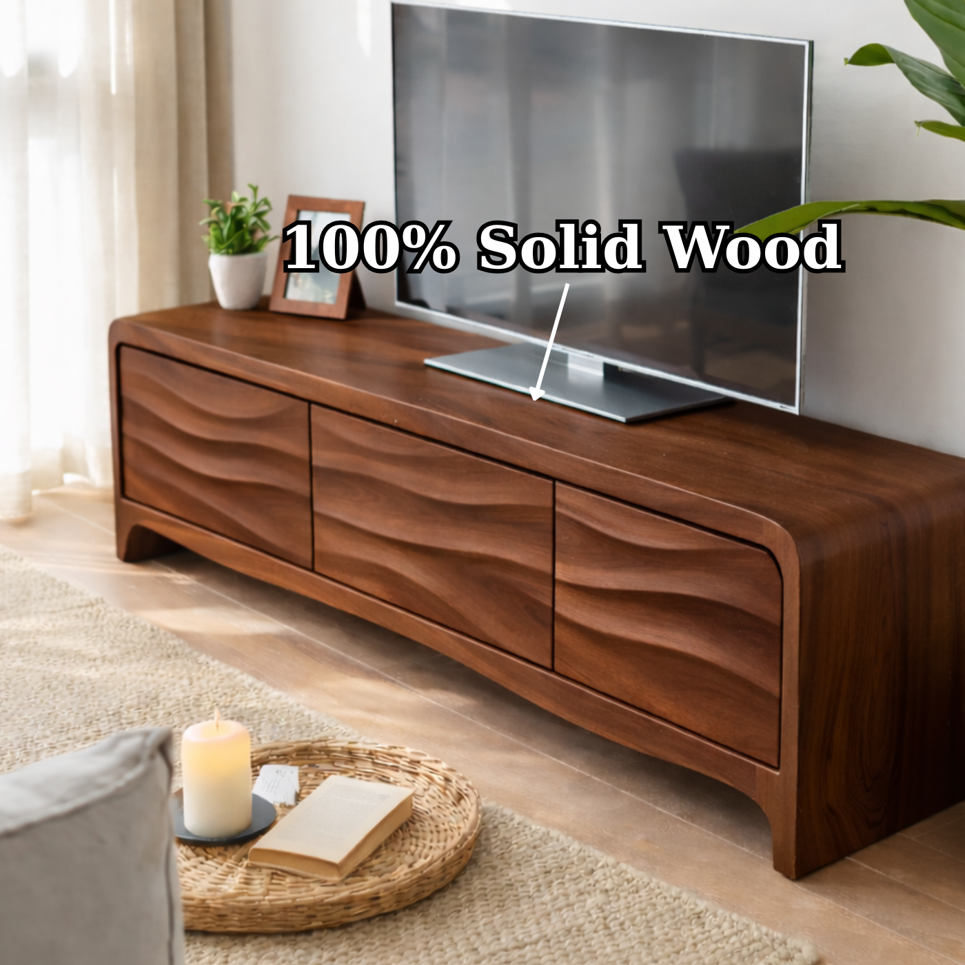 Solid Wood TV Stand with Wave Front Drawers for Modern Living Spaces