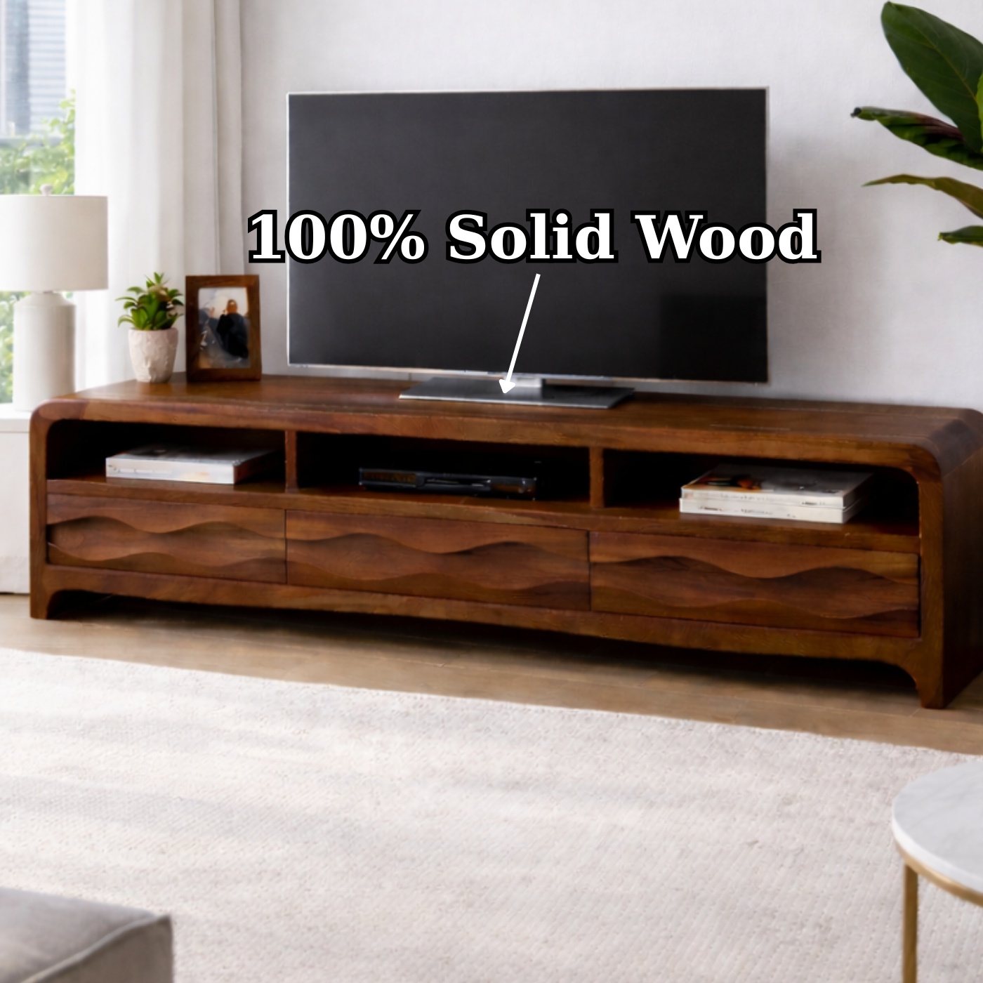 Solid Wood TV Stand with Wave-Front Drawers and Open Shelf for Stylish Living Spaces