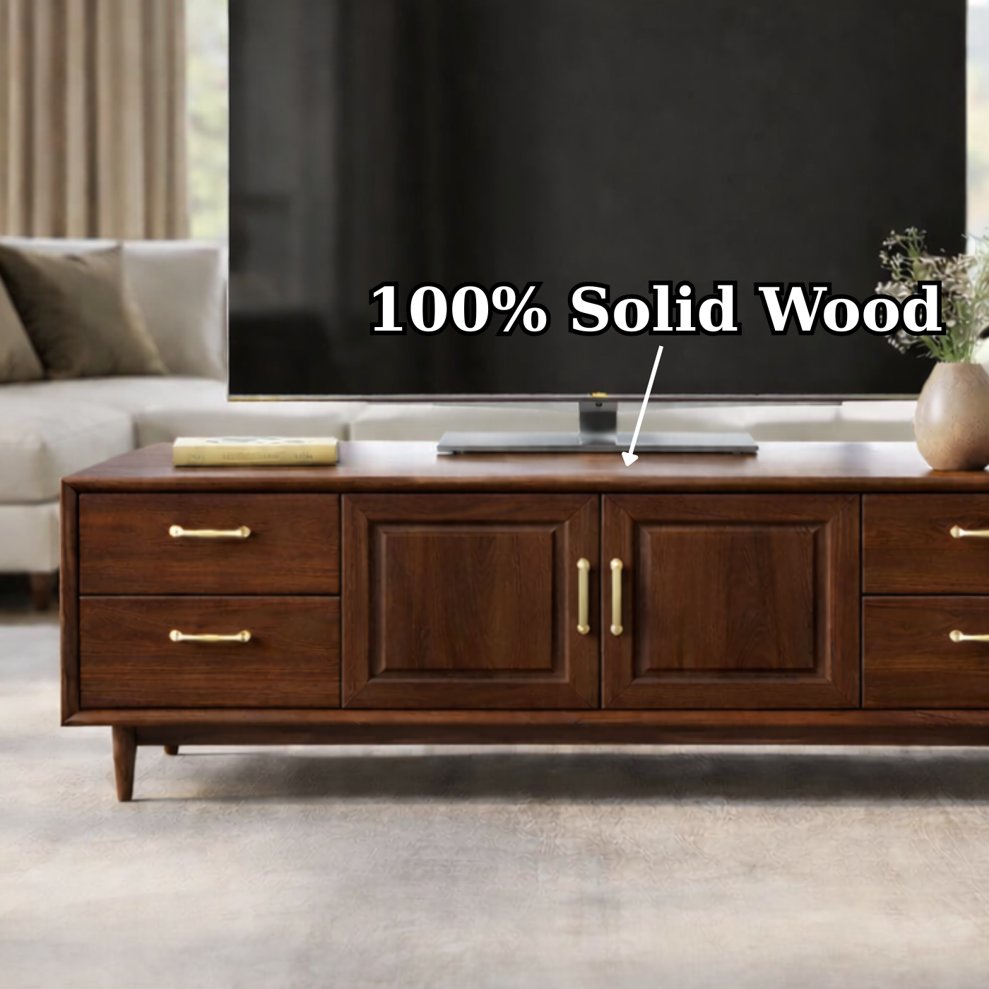 Mid-Century Solid Wood TV Stand with Drawers and Cabinet Storage