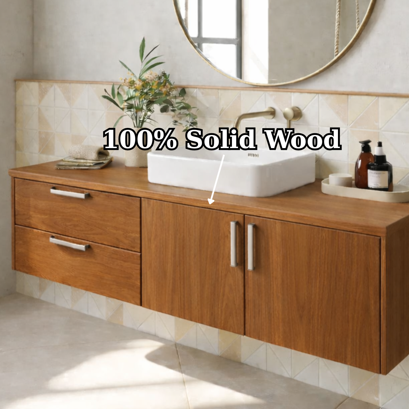 Floating Solid Wood Bathroom Vanity with Drawers and Cabinet Doors for Modern Home Interiors