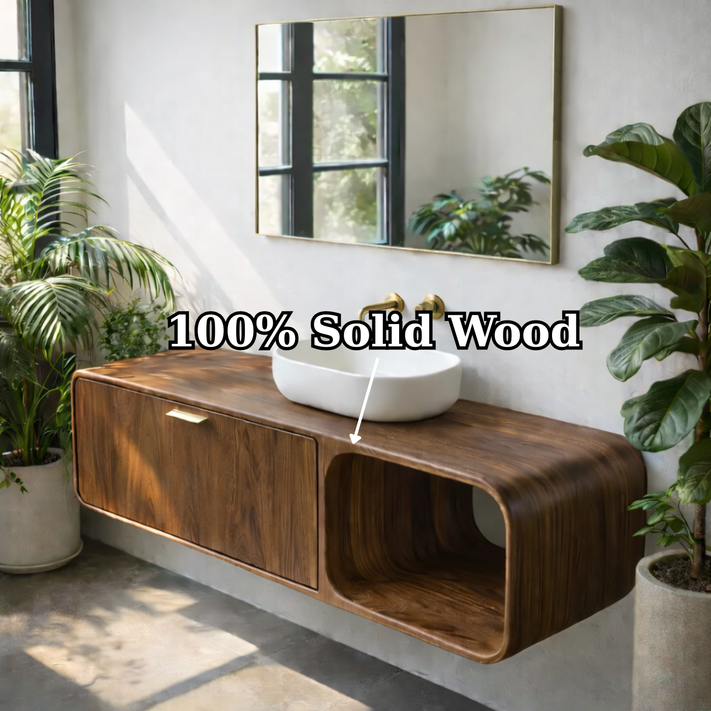 Contemporary Solid Wood Floating Bathroom Vanity with Open Side Shelf