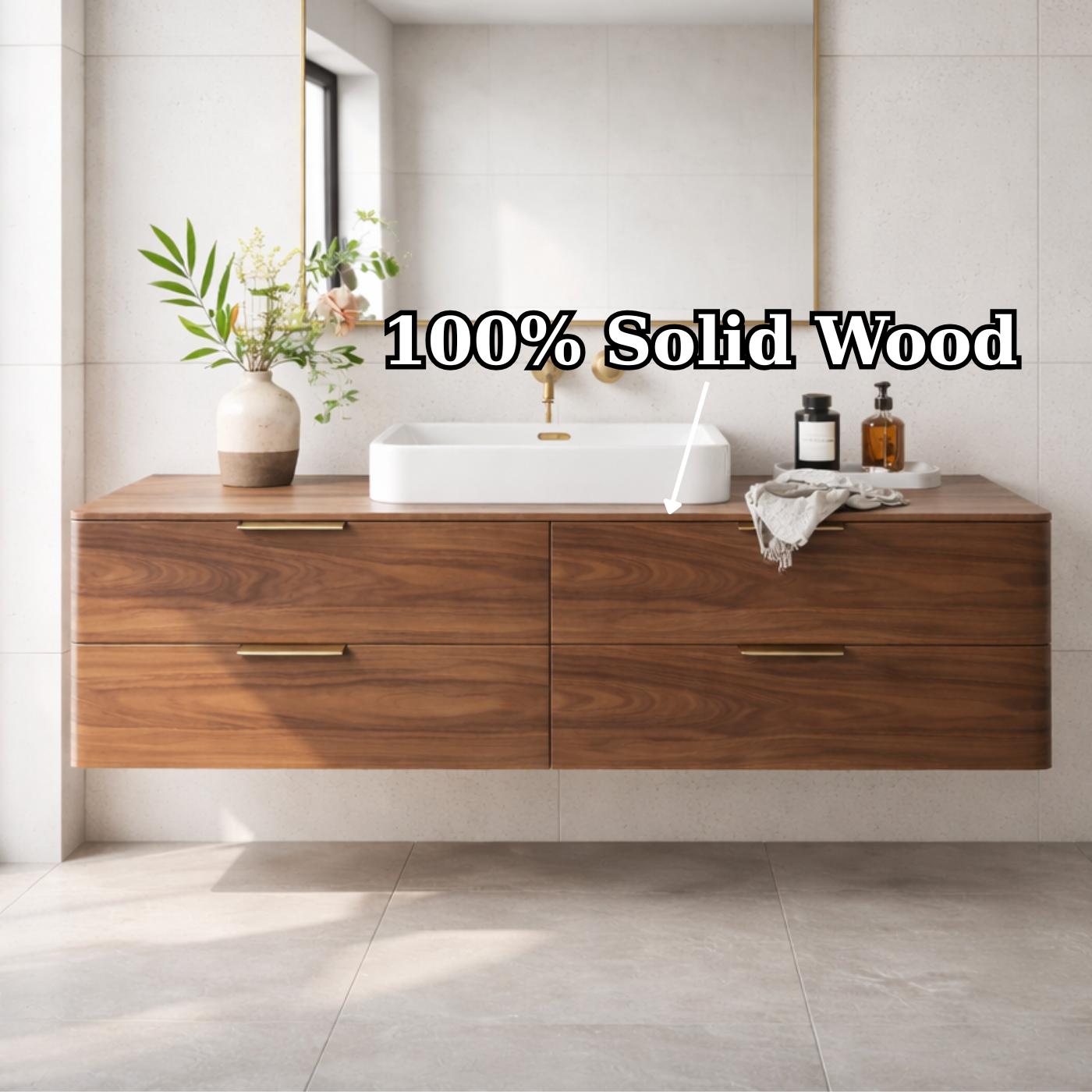 Modern Solid Wood Floating Bathroom Vanity with Four Storage Drawers