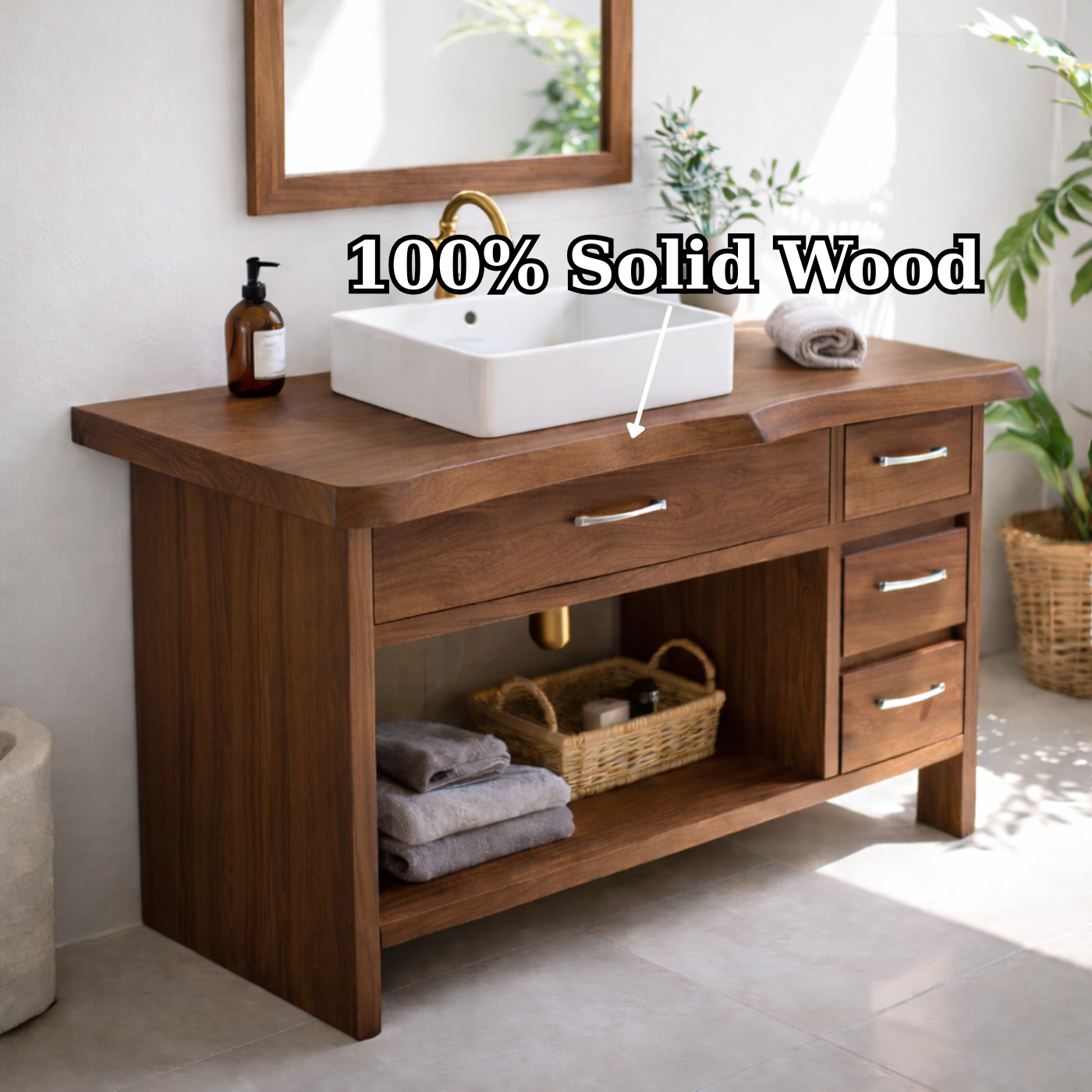 Modern Solid Wood Bathroom Vanity with Multiple Drawers and Open Storage Shelf
