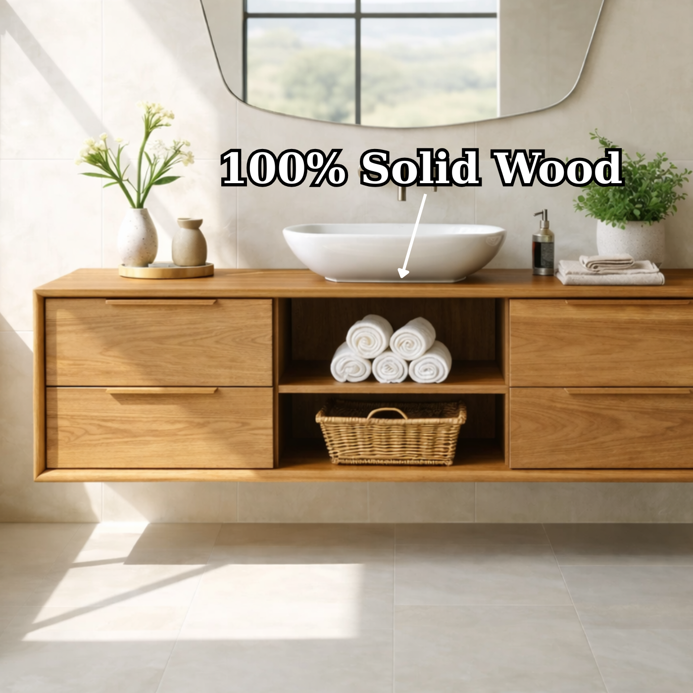 Modern Floating Oak Bathroom Vanity with Open Shelf and Double Drawer Storage