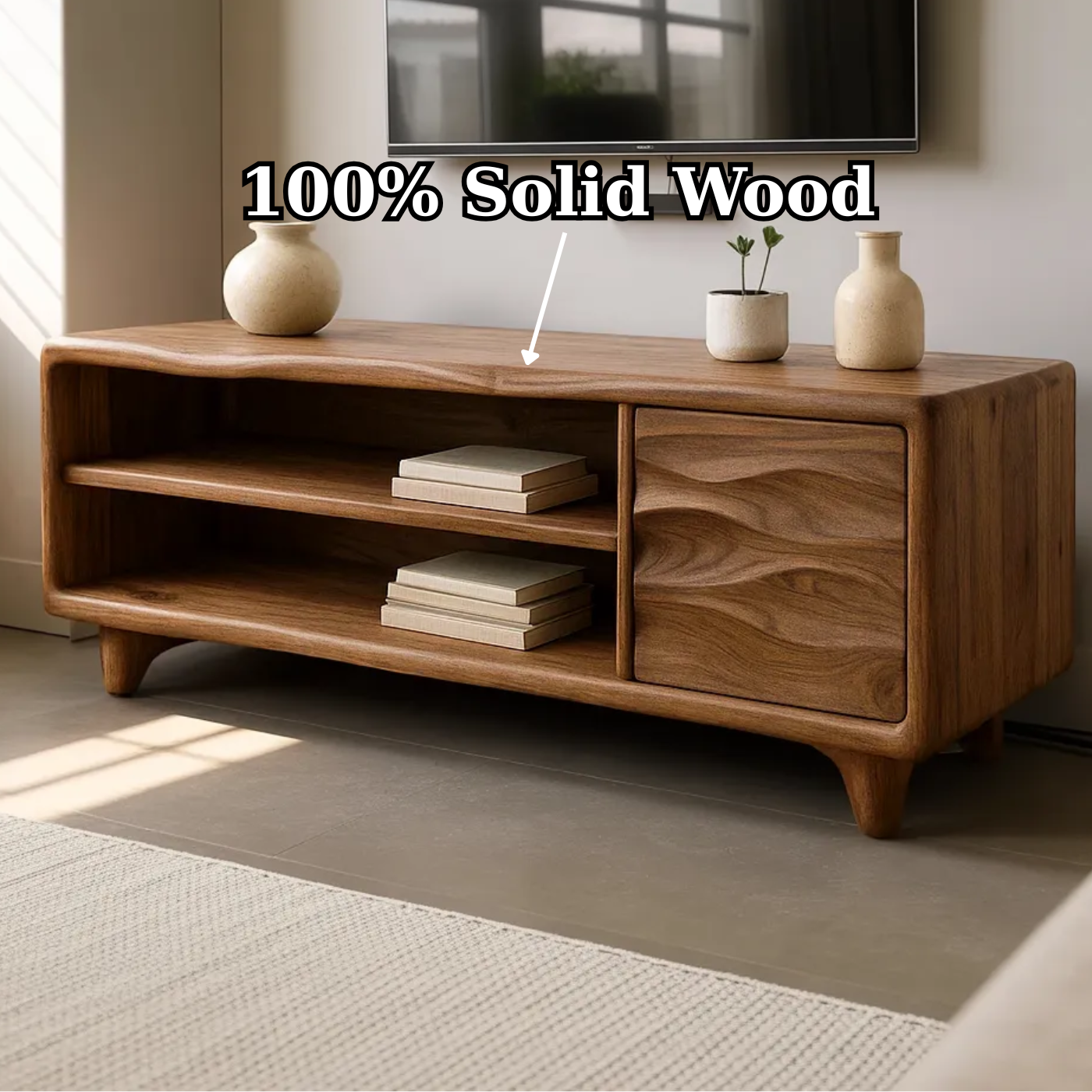 Modern Solid Wood TV Stand with Open Shelves and Wave Grain Cabinet Door