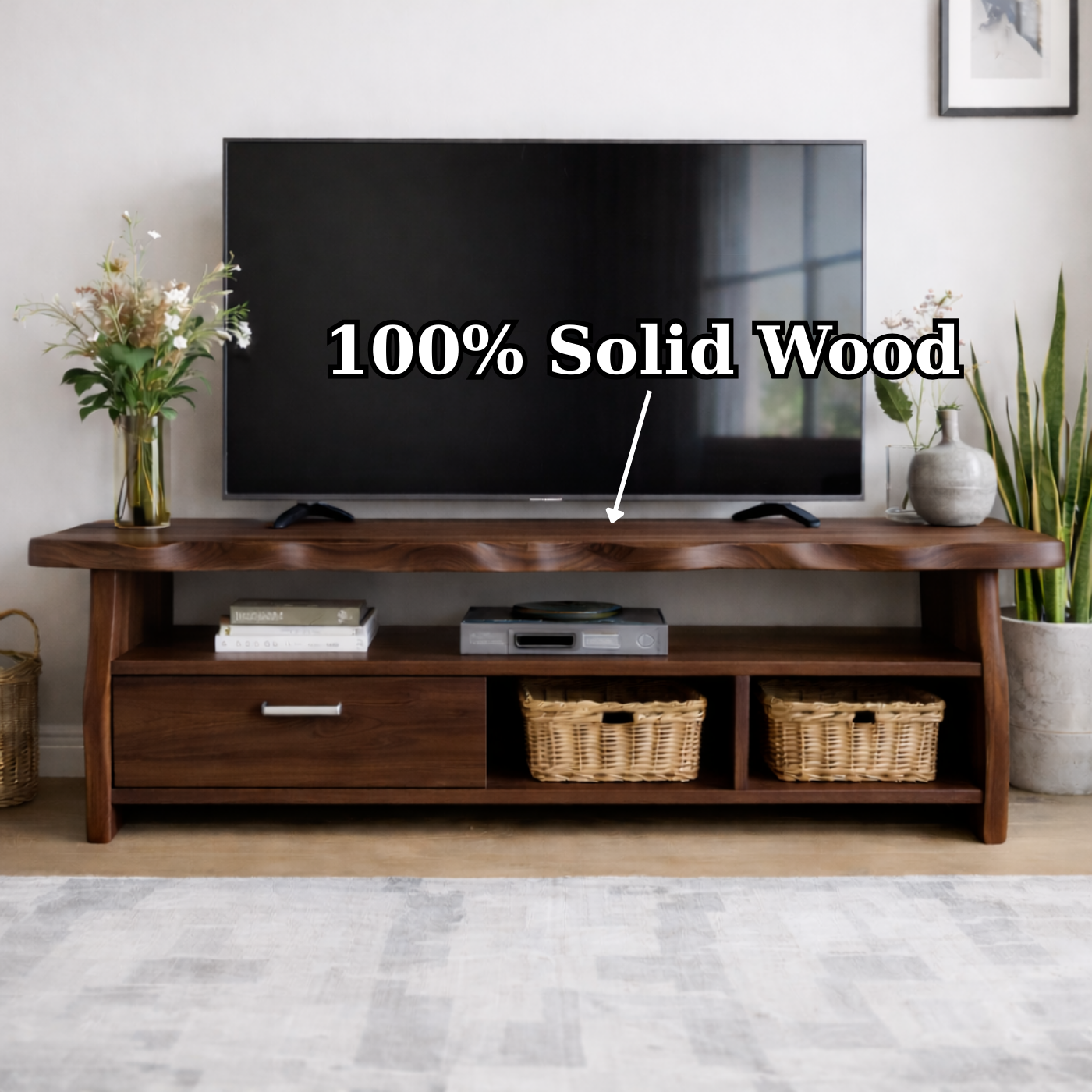 Mid-Century Solid Wood TV Stand with Drawer and Open Storage Shelves