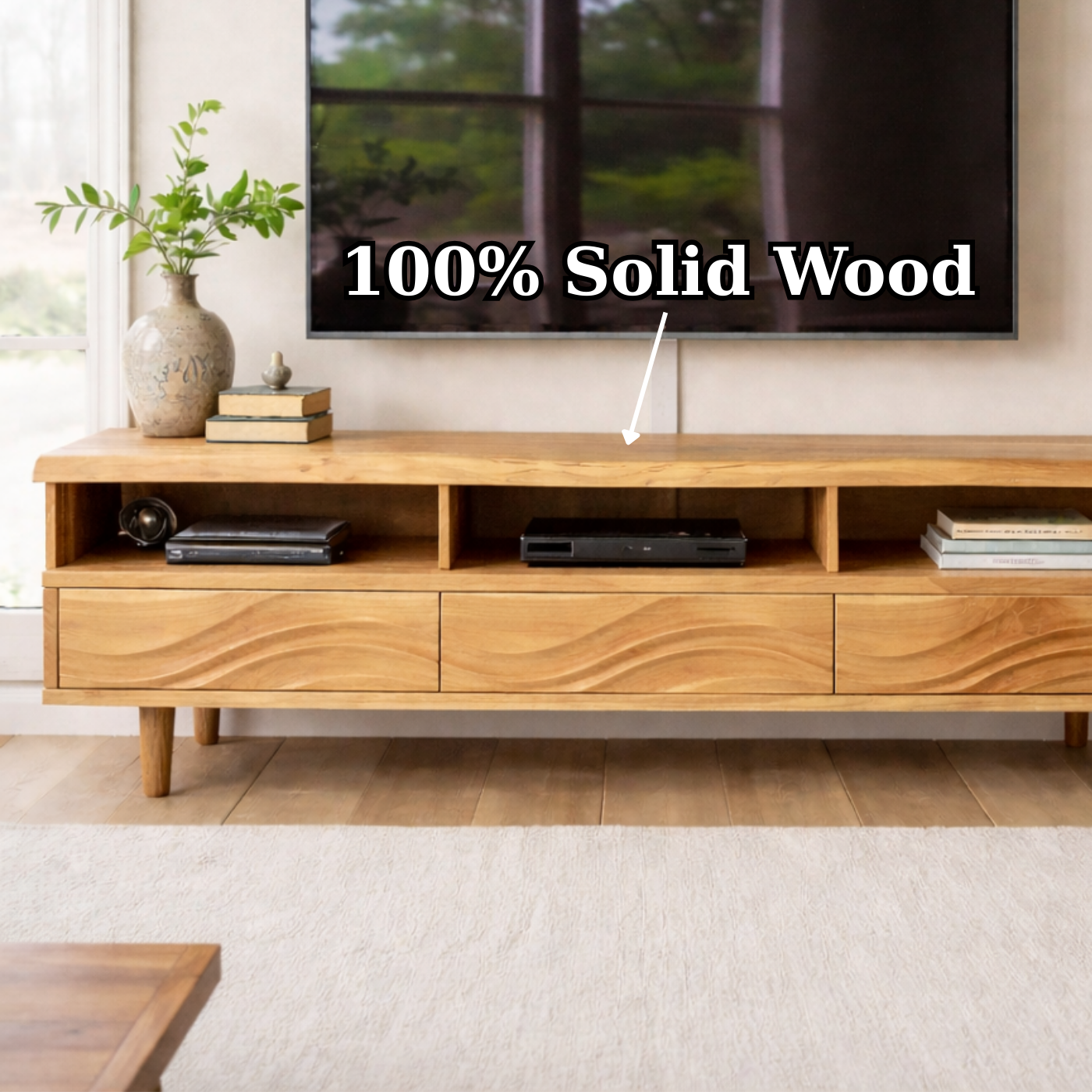 Modern Solid Wood TV Stand with Wave Drawer Fronts and Open Media Shelves