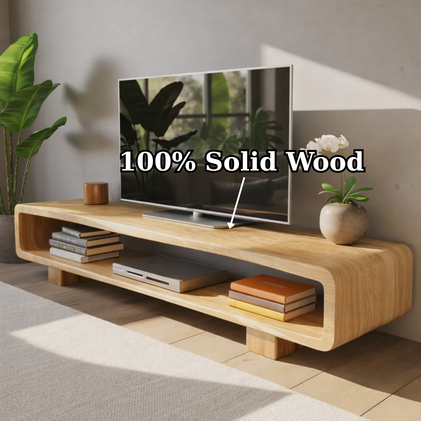 Modern Solid Oak TV Stand with Open Shelf Storage, Minimalist Wooden Media Console