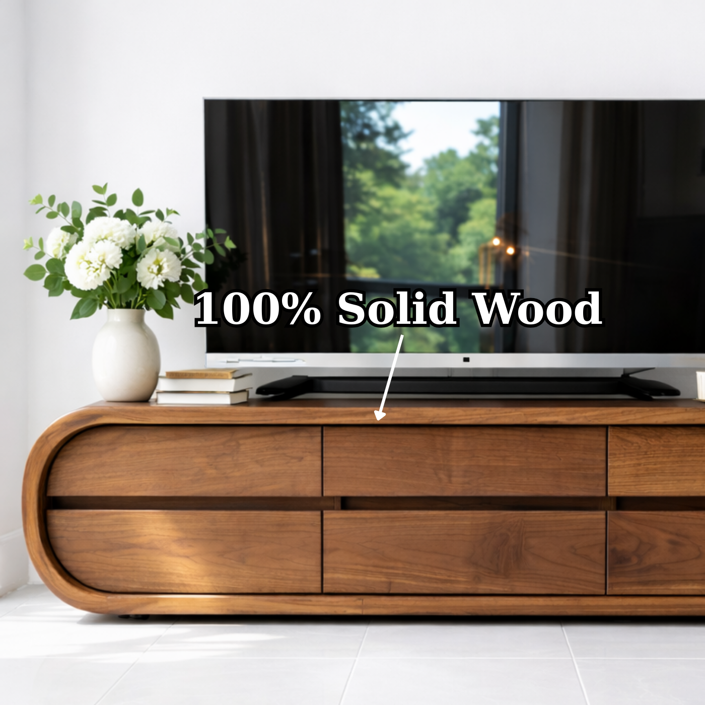 Solid Wood TV Stand with Drawers, Curved Modern Media Console Cabinet for Living Room