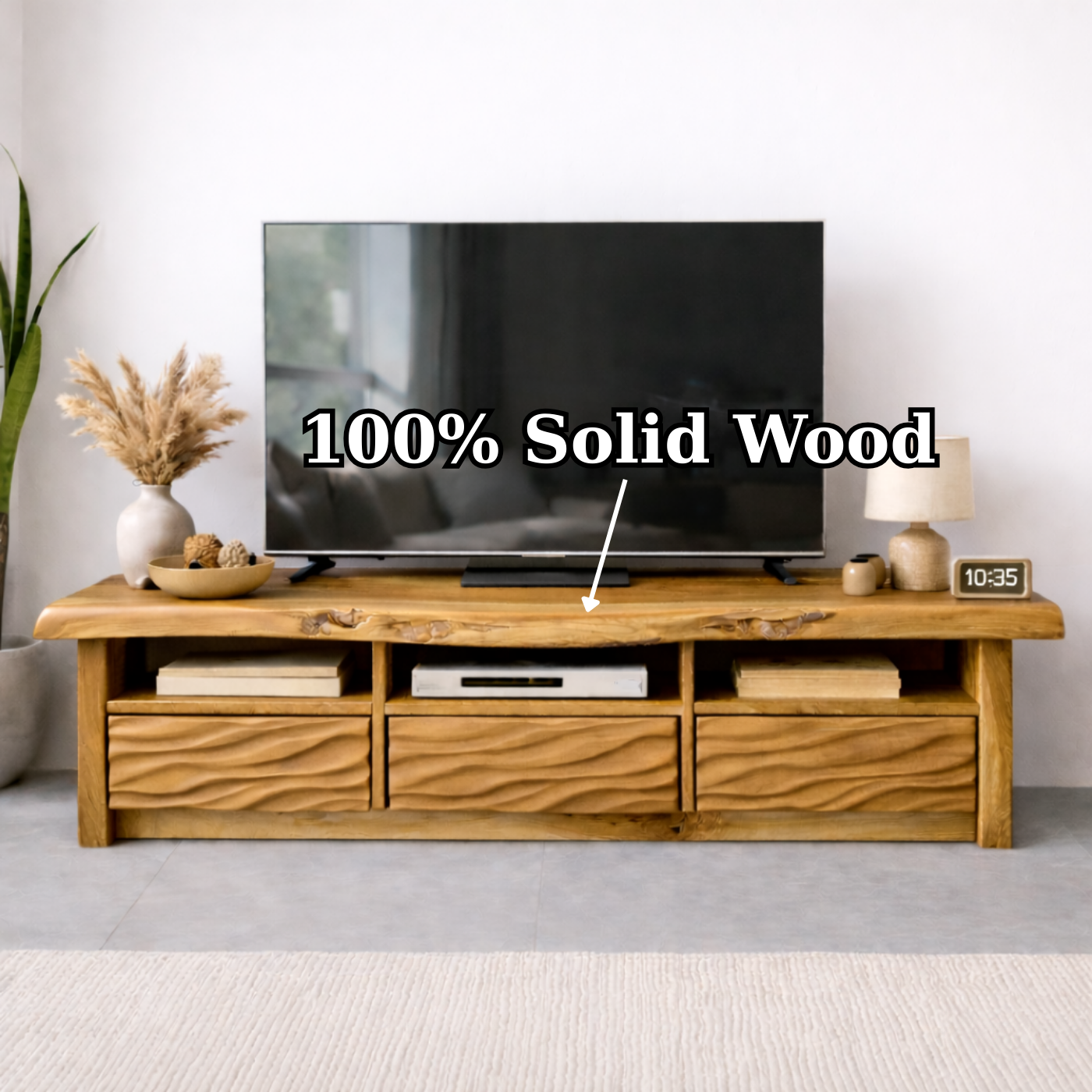 Natural Solid Oak TV Stand with Wavy Drawer Fronts, Rustic Media Console for Living Room