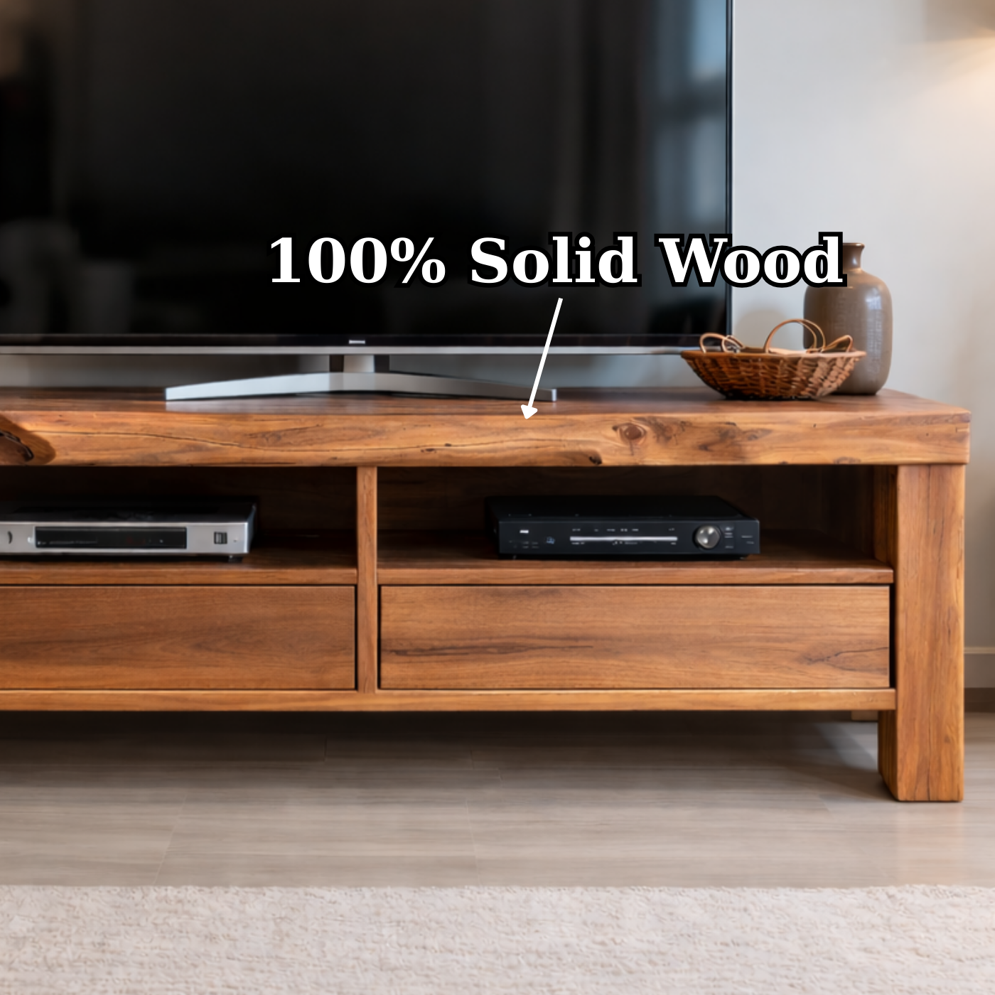 Rustic Solid Wood TV Stand with Natural Live Edge, Storage Drawers and Open Shelves