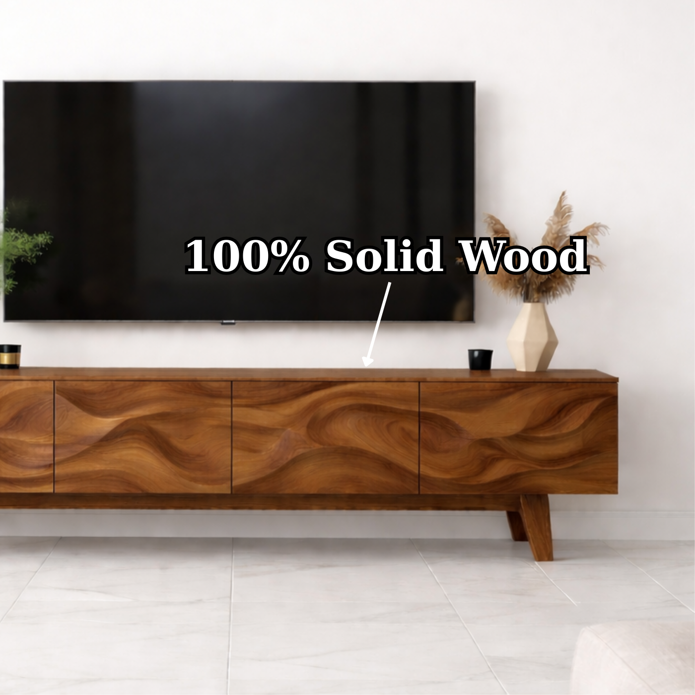 Wave Pattern Solid Wood TV Stand with Storage, Modern Media Console for Living Room