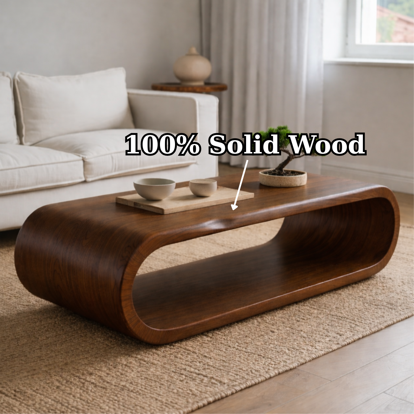 Sculptural Walnut Coffee Table with Curved Design and Open Shelf, Modern Living Room Decor