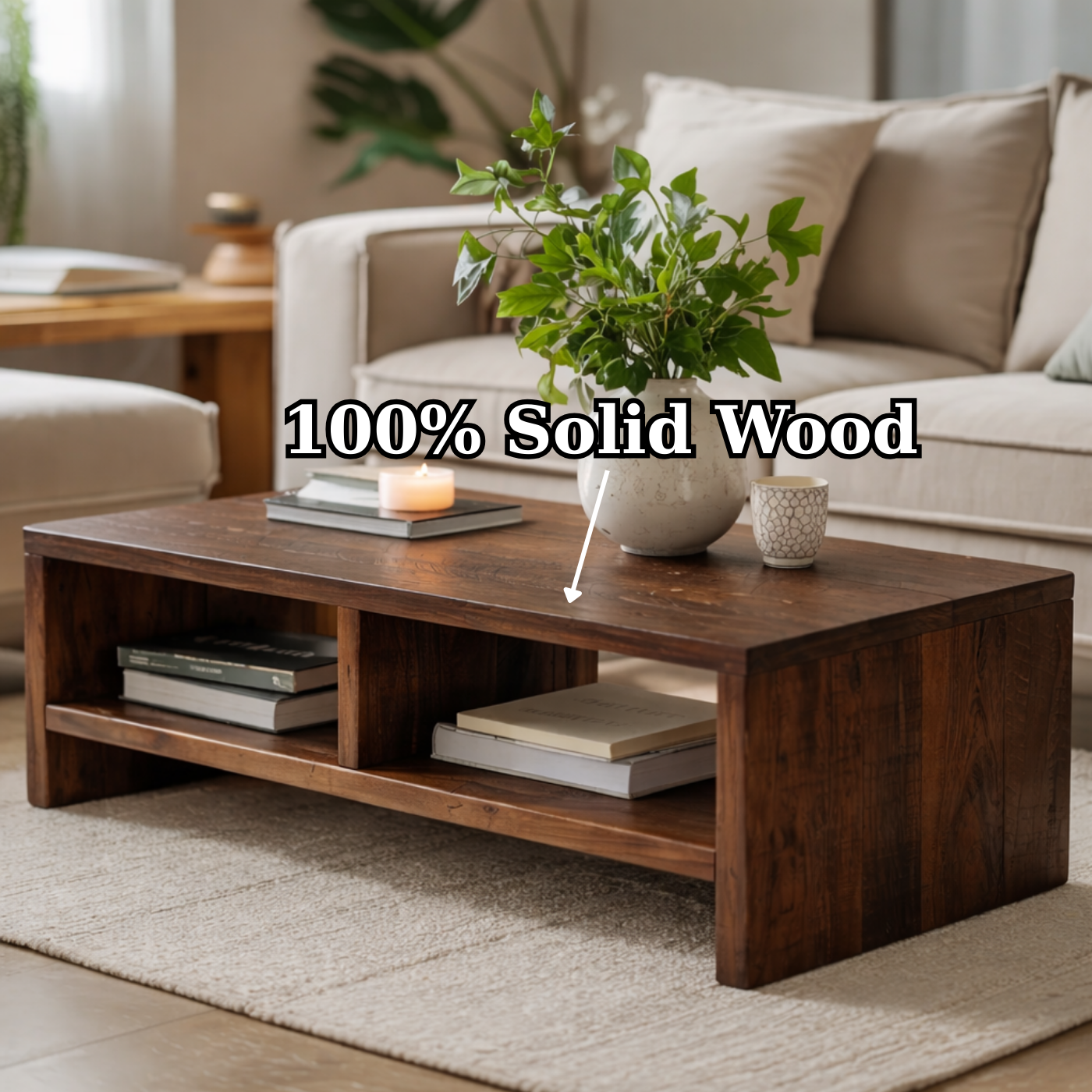 Solid Wood Coffee Table with Open Storage, Rustic Design for Living Room and Décor
