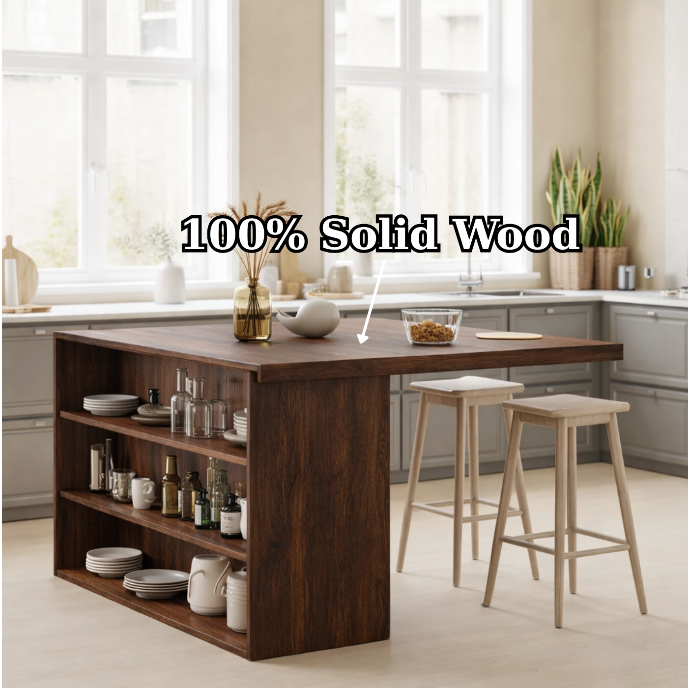 Modern Solid Wood Kitchen Island with Open Storage Shelves, Walnut Kitchen Bar Table
