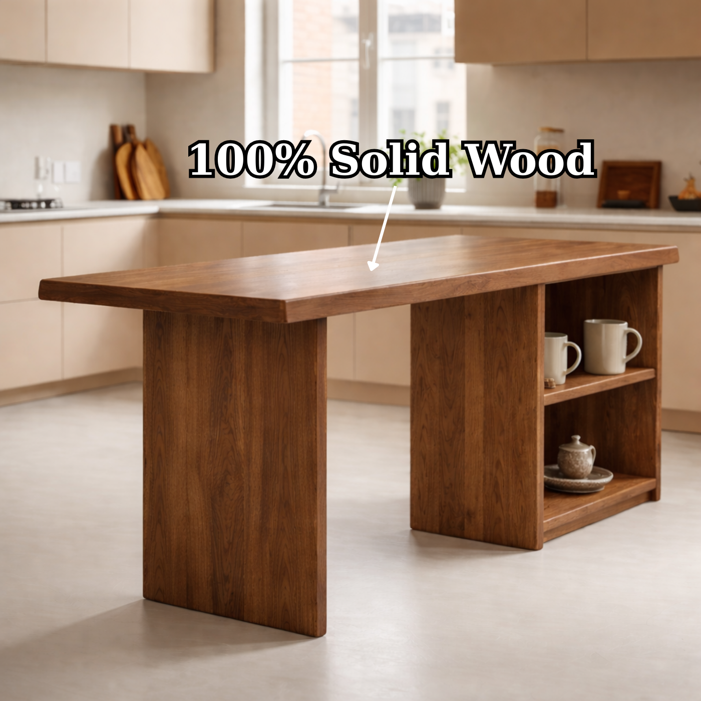 Solid Wood Kitchen Island with Open Shelf Storage and Spacious Prep Table