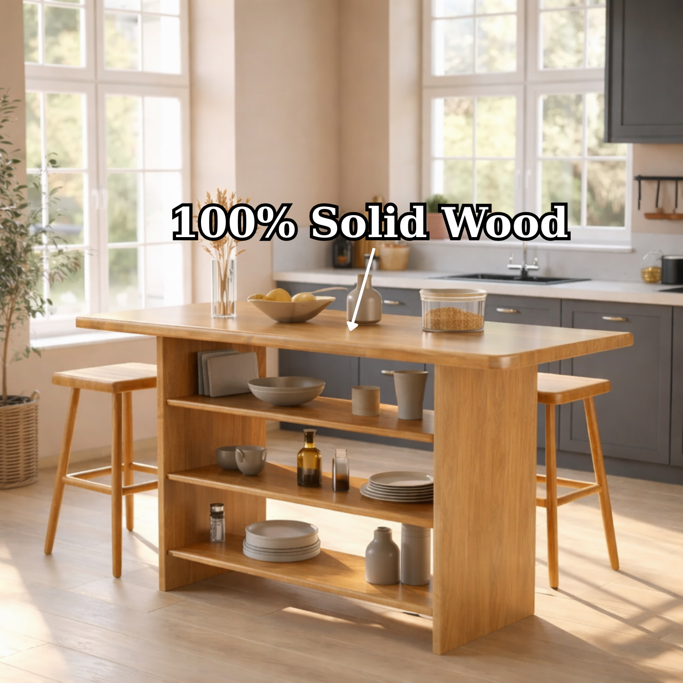 Solid Wood Kitchen Island with Open Storage Shelves and Kitchen Bar Table