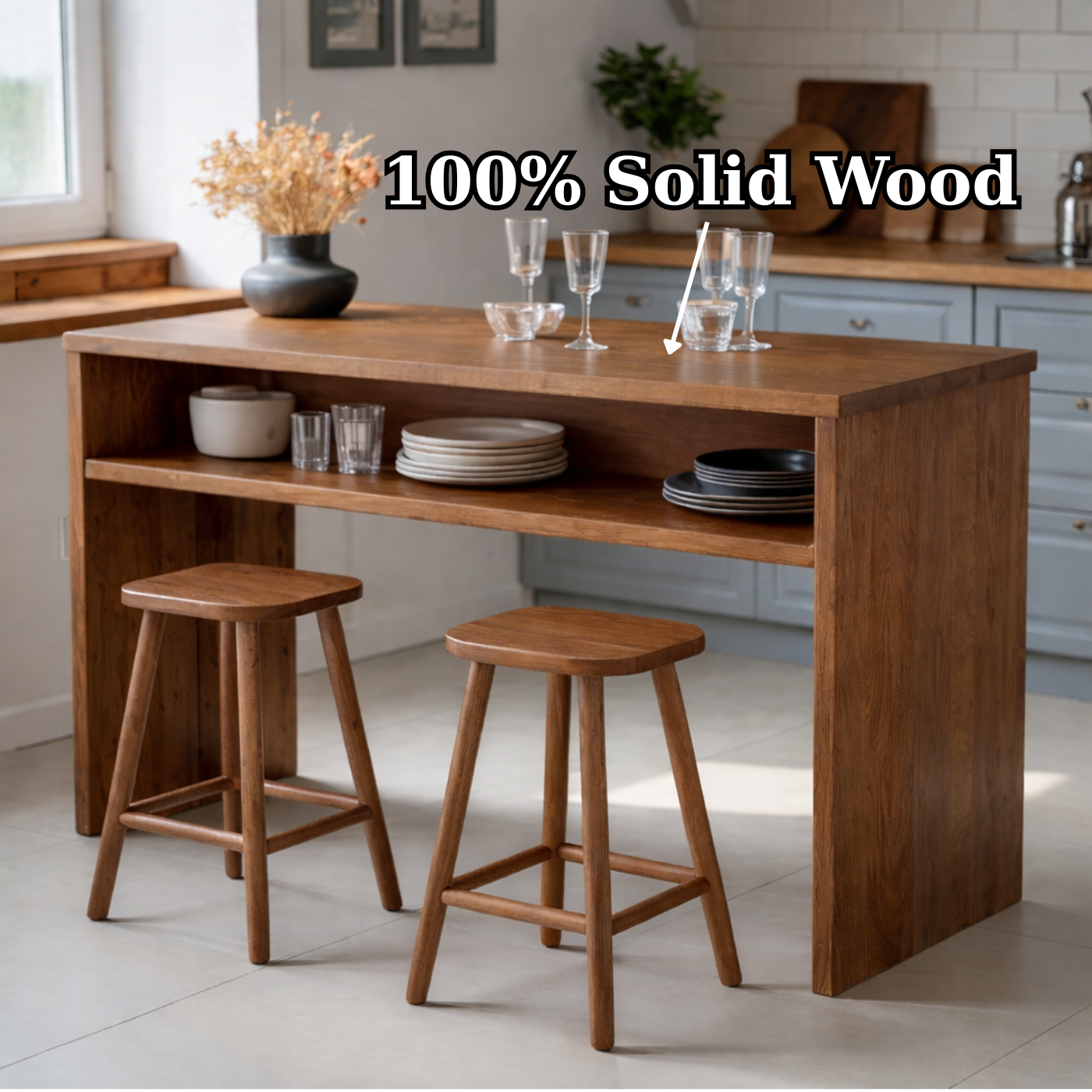 Modern Solid Wood Kitchen Island with Open Shelf Storage and Breakfast Bar Table