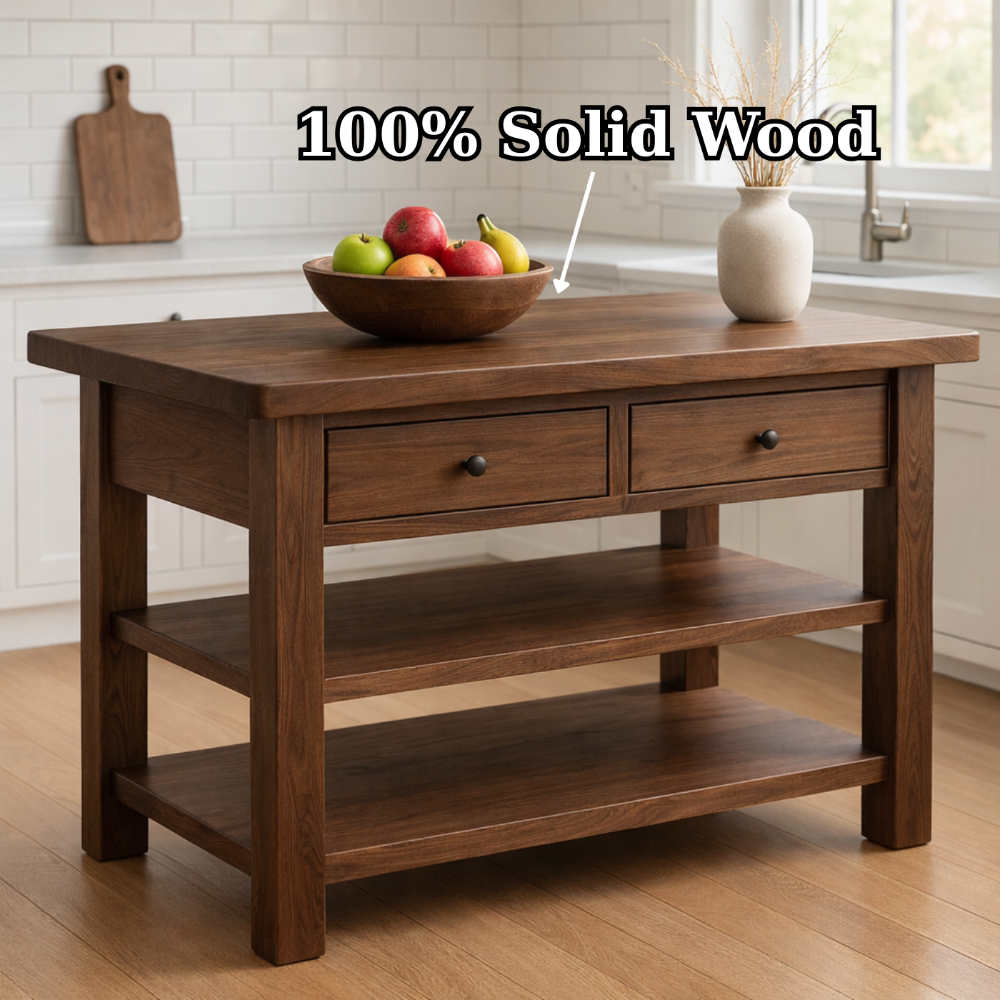 Solid Walnut Kitchen Island Table with Drawers and Shelves, Wooden Kitchen Prep Station