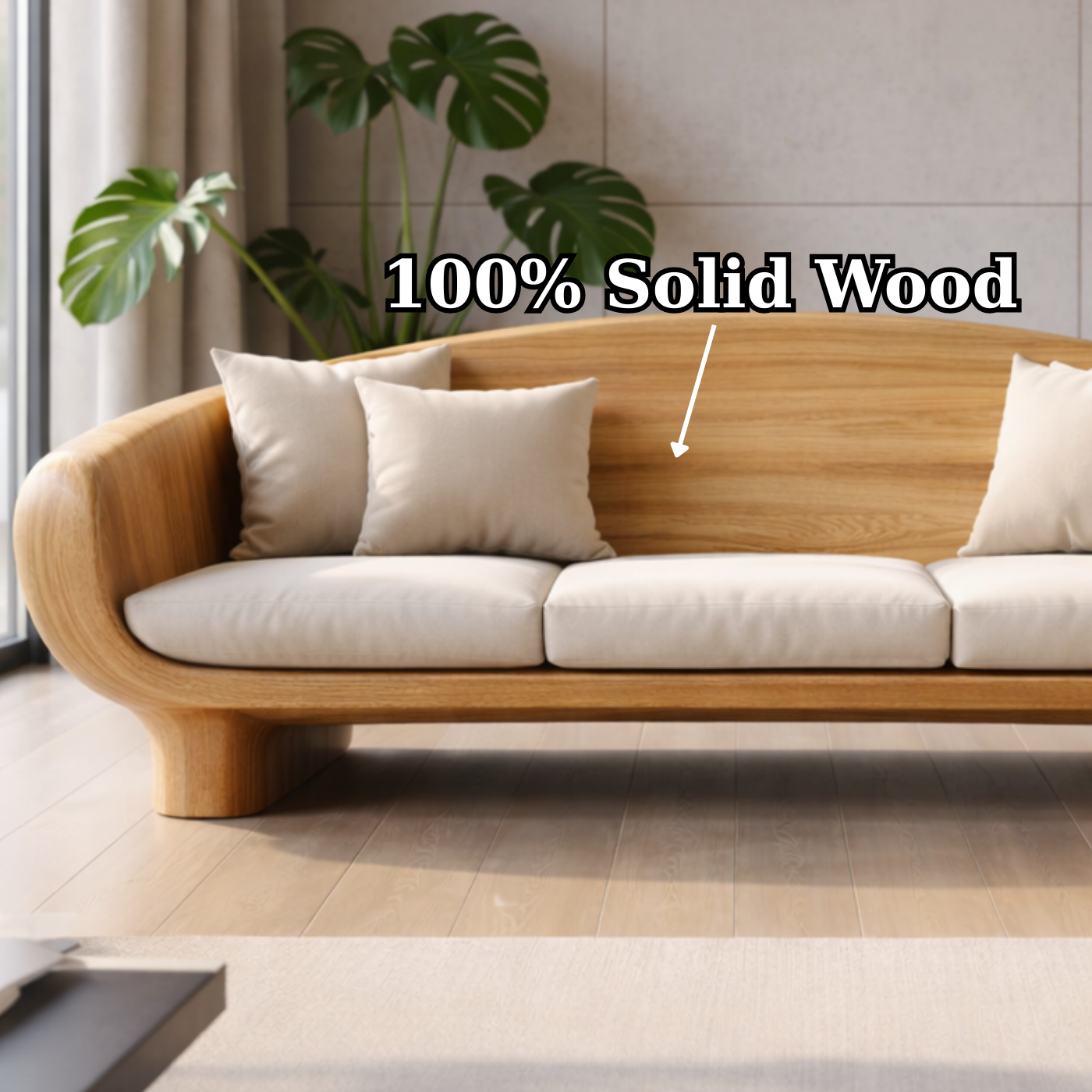 Modern Solid Oak Sofa with Curved Wooden Frame Minimalist Scandinavian Living Room Couch