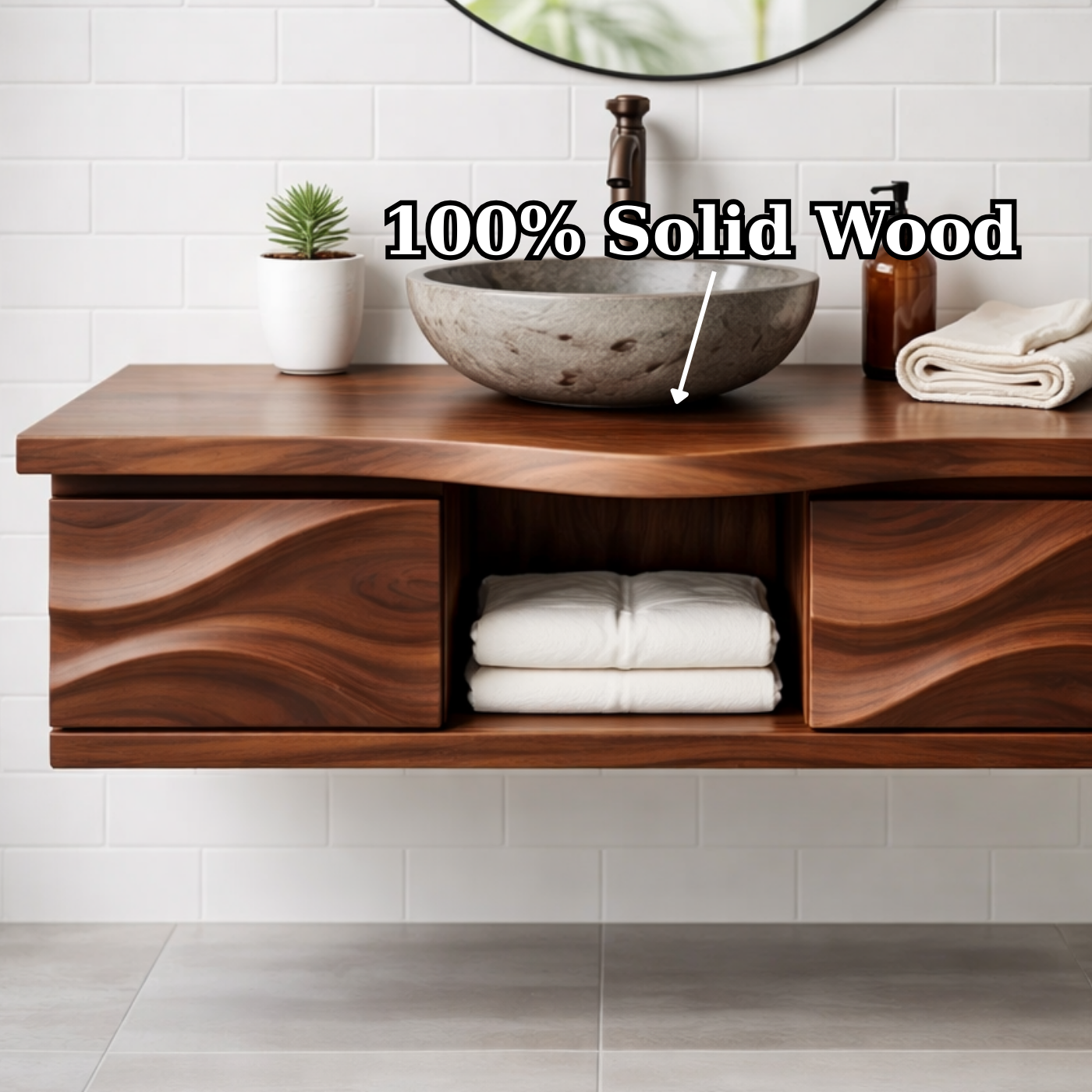 Floating Solid Wood Bathroom Vanity with Sculpted Wavy Front and Open Shelf