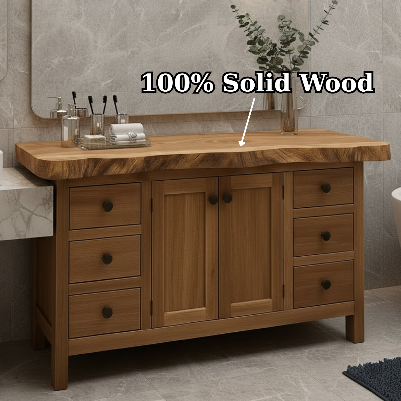 Solid Wood Bathroom Vanity with Live Edge Top and Ample Storage