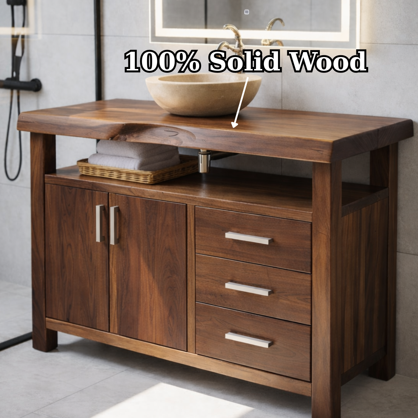 Solid Wood Bathroom Vanity with Cabinet Doors, Three Drawers and Open Shelf – Freestanding Natural Wood Vanity