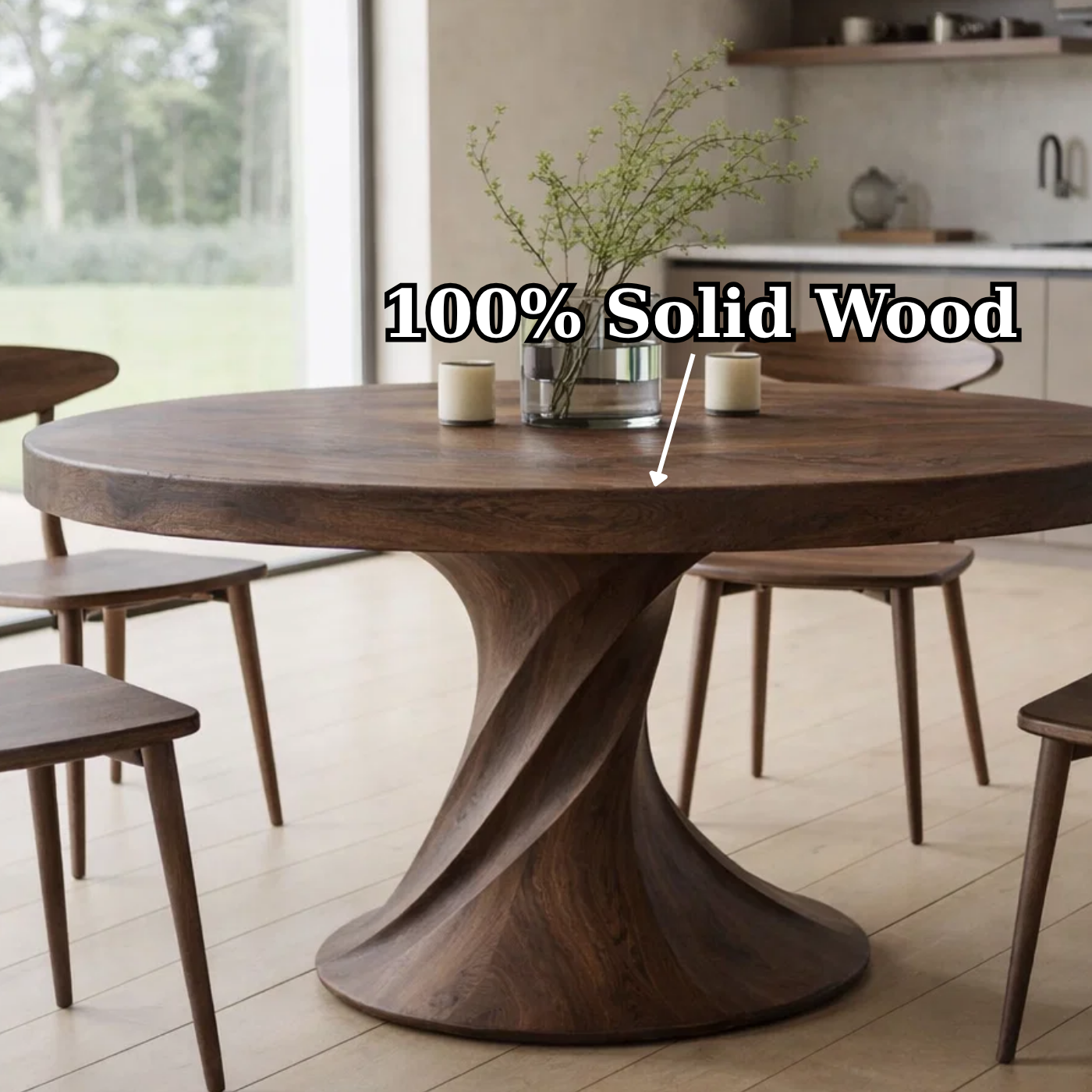 Solid Wood Round Dining Table with Sculptural Pedestal Base – Modern Rustic Dining Table